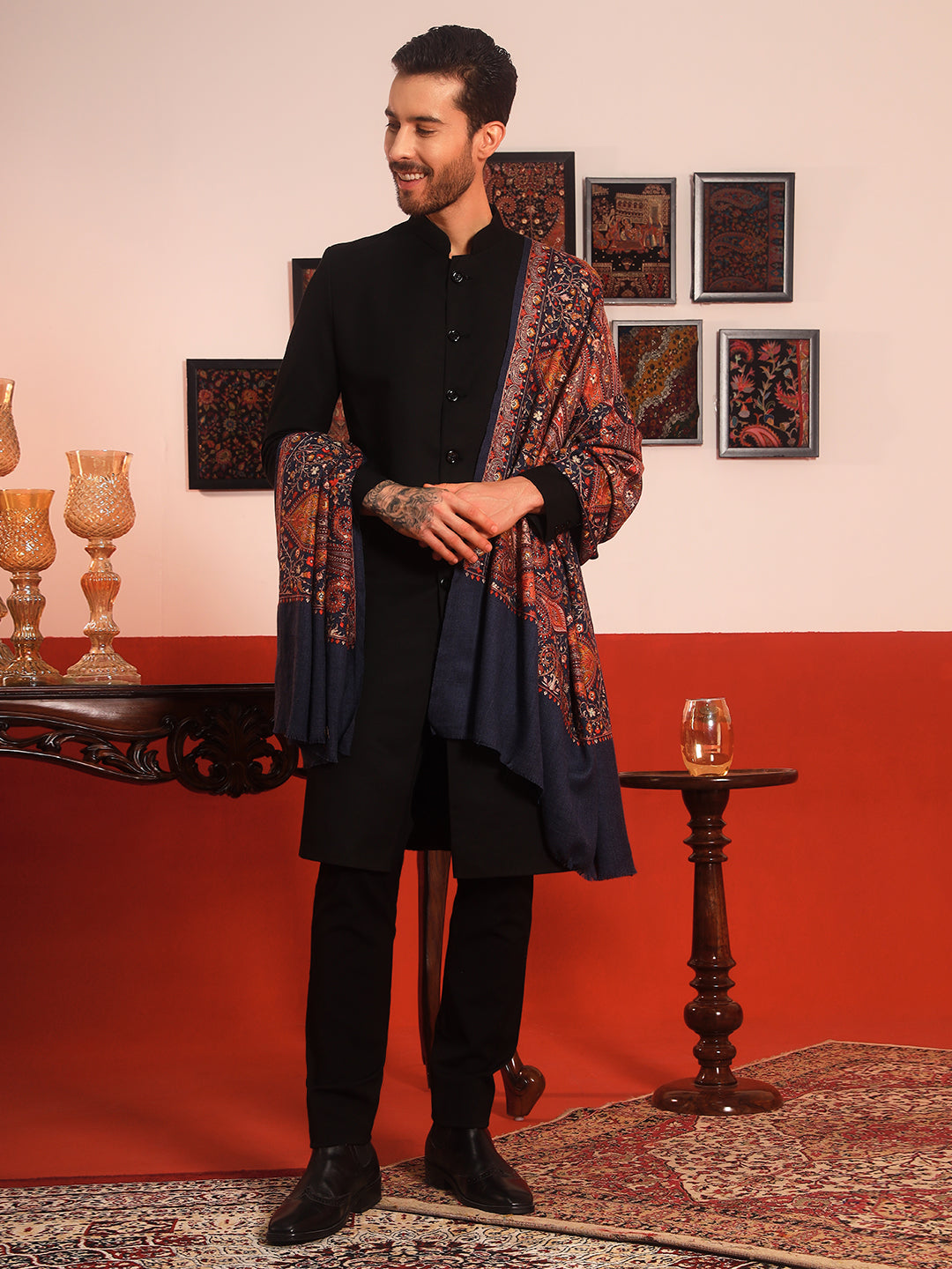 Pashmoda Men Mahnoor 100% Pure Wool Sozni Hand Embroidered Shawl (Size: 101x203 CM)