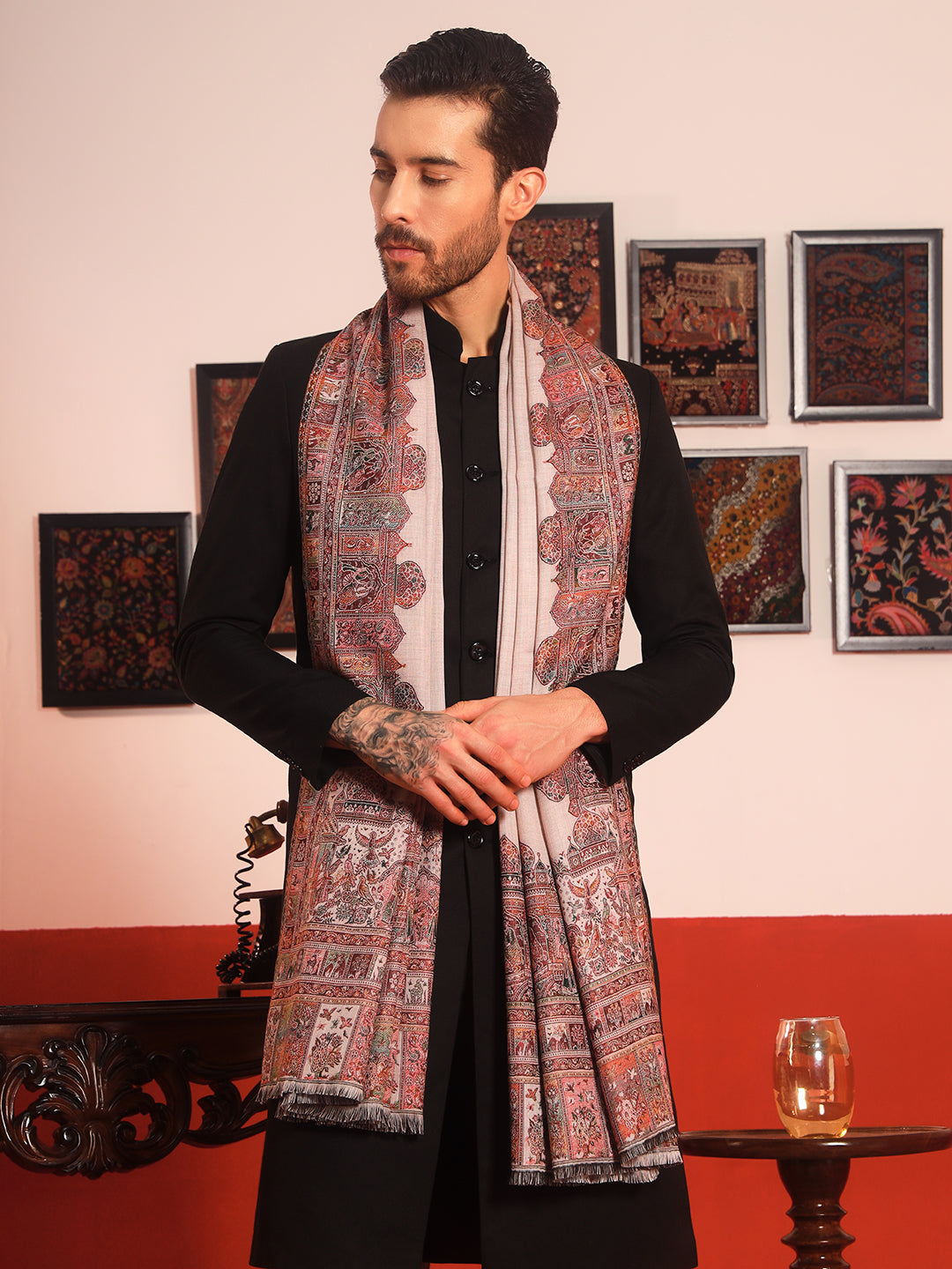 Pashmoda Men Arcadia Borders Kashmiri Jamawar Woven Shawl (Size: 101X203 CM)