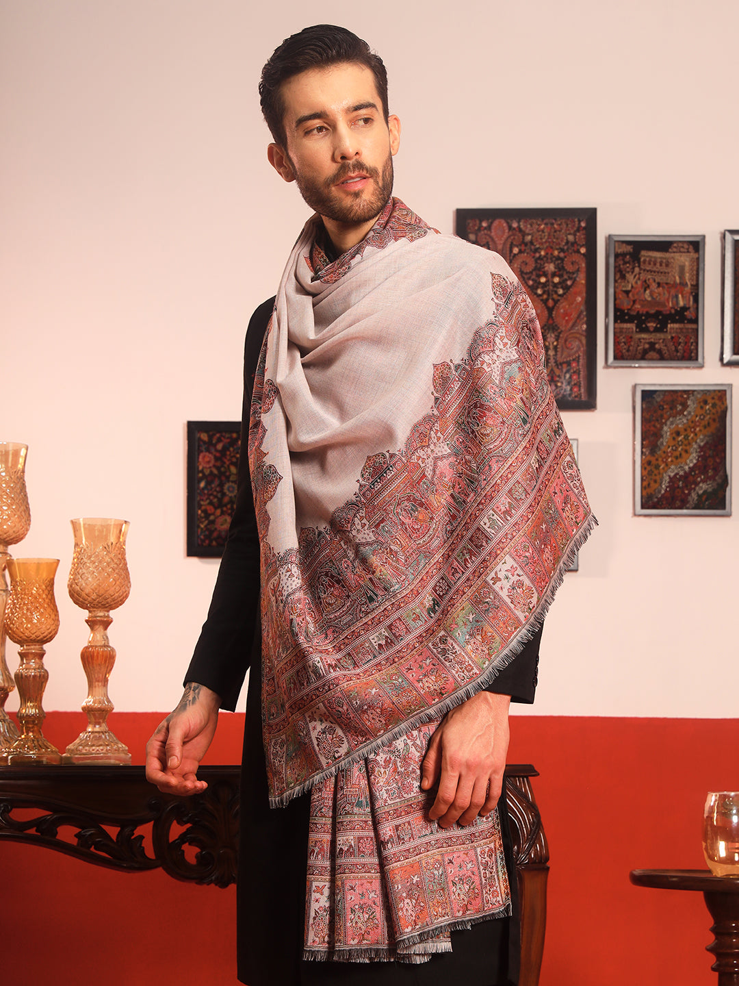 Pashmoda Men Arcadia Borders Kashmiri Jamawar Woven Shawl (Size: 101X203 CM)