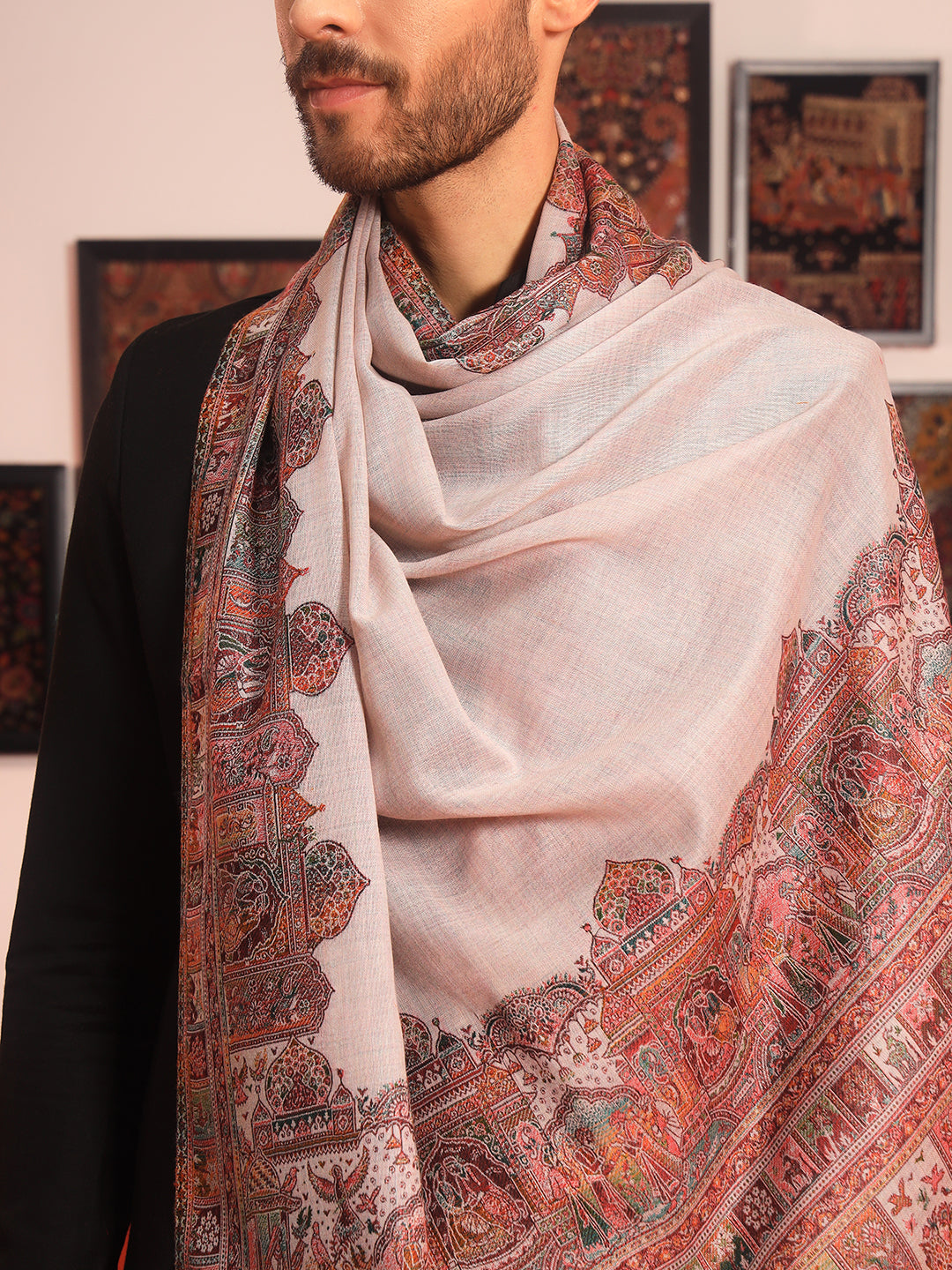 Pashmoda Men Arcadia Borders Kashmiri Jamawar Woven Shawl (Size: 101X203 CM)