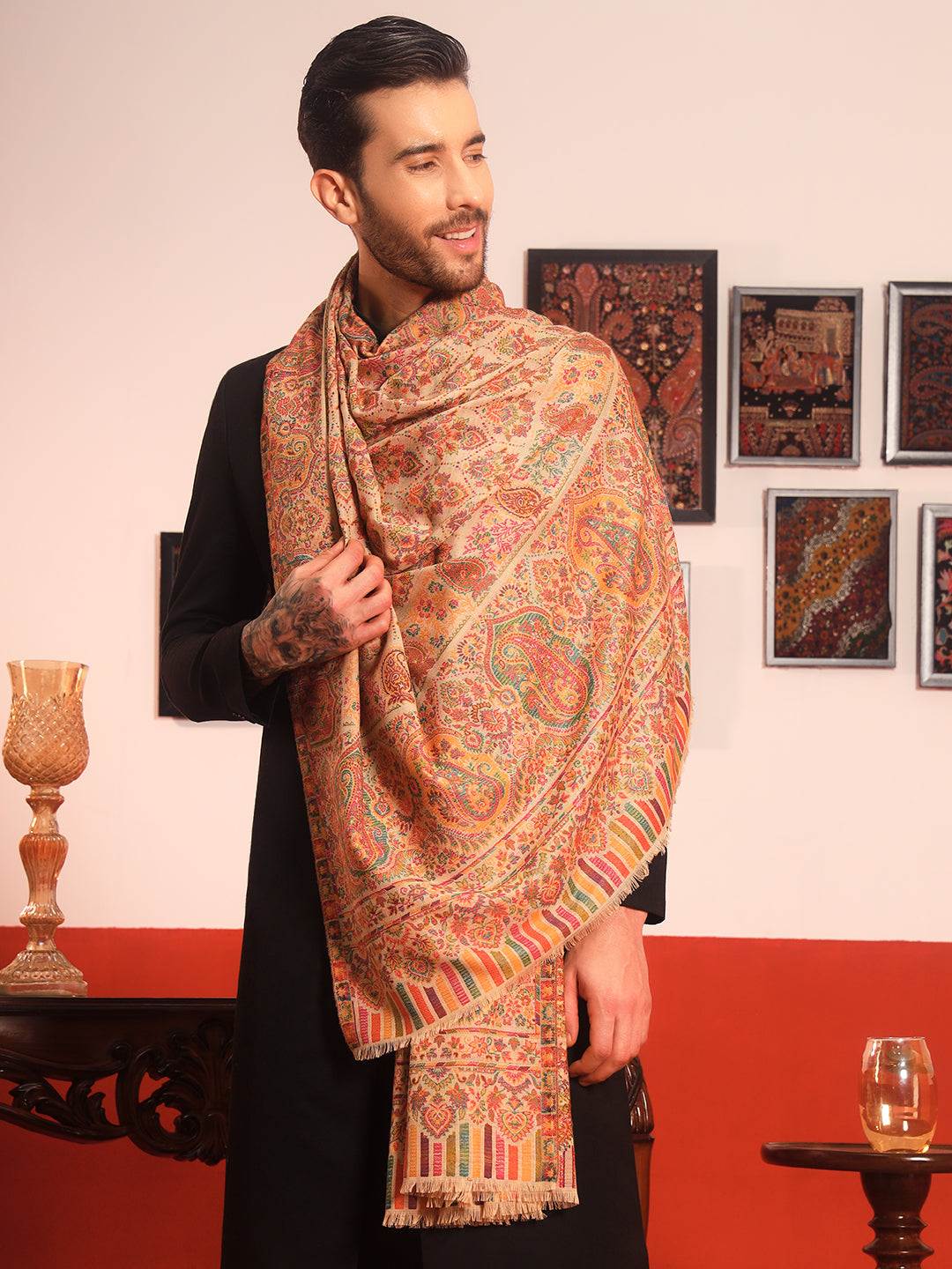 Pashmoda Men Gulraiz Kaani Wool Blend Kashmiri Shawl (Size: 101X203 CM)