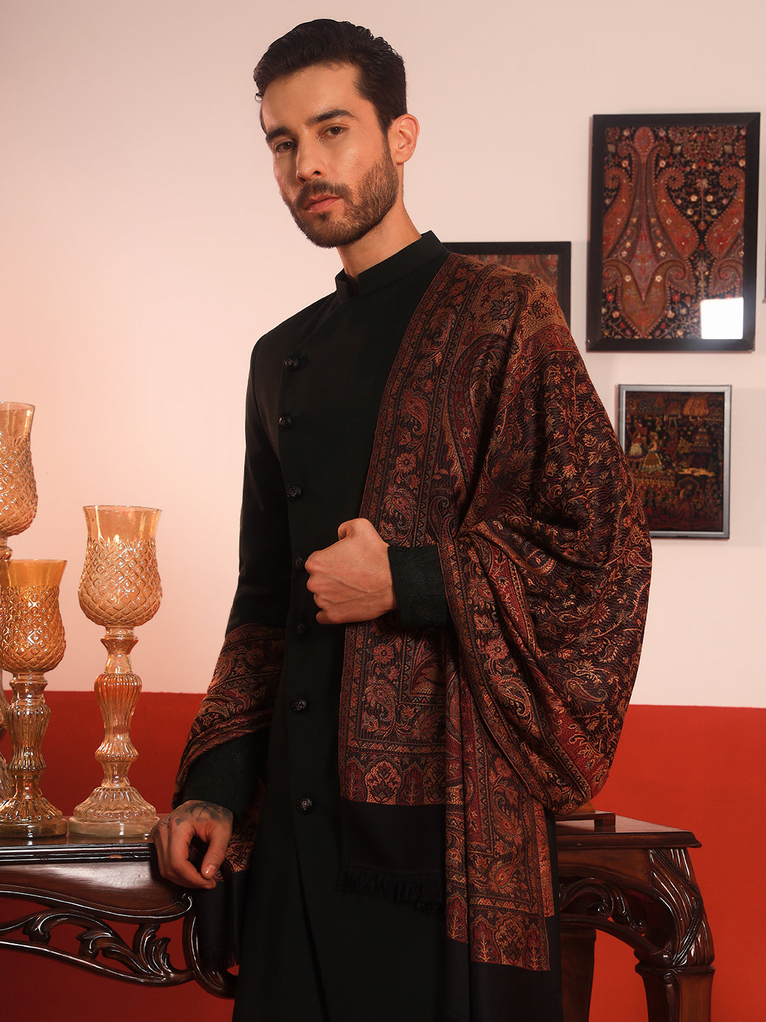 Men Shahnaz Jamawar Woollen Shawl (Size: 101x203 CM)
