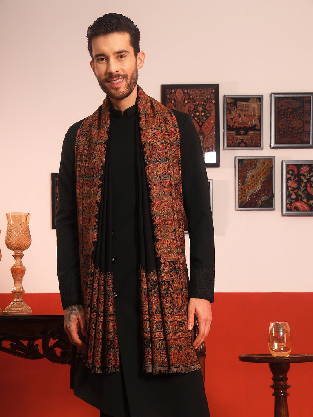 Pashmoda Men Arcadia Borders Kashmiri Jamawar Woven Shawl (Size: 101X203 CM)
