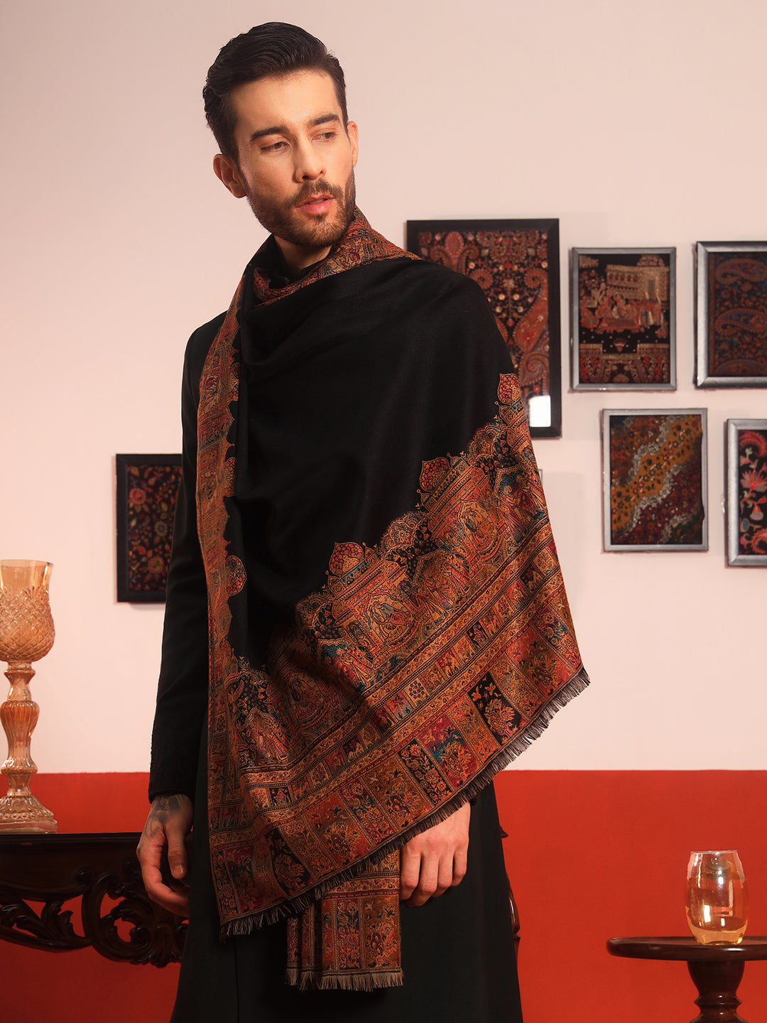 Pashmoda Men Arcadia Borders Kashmiri Jamawar Woven Shawl (Size: 101X203 CM)
