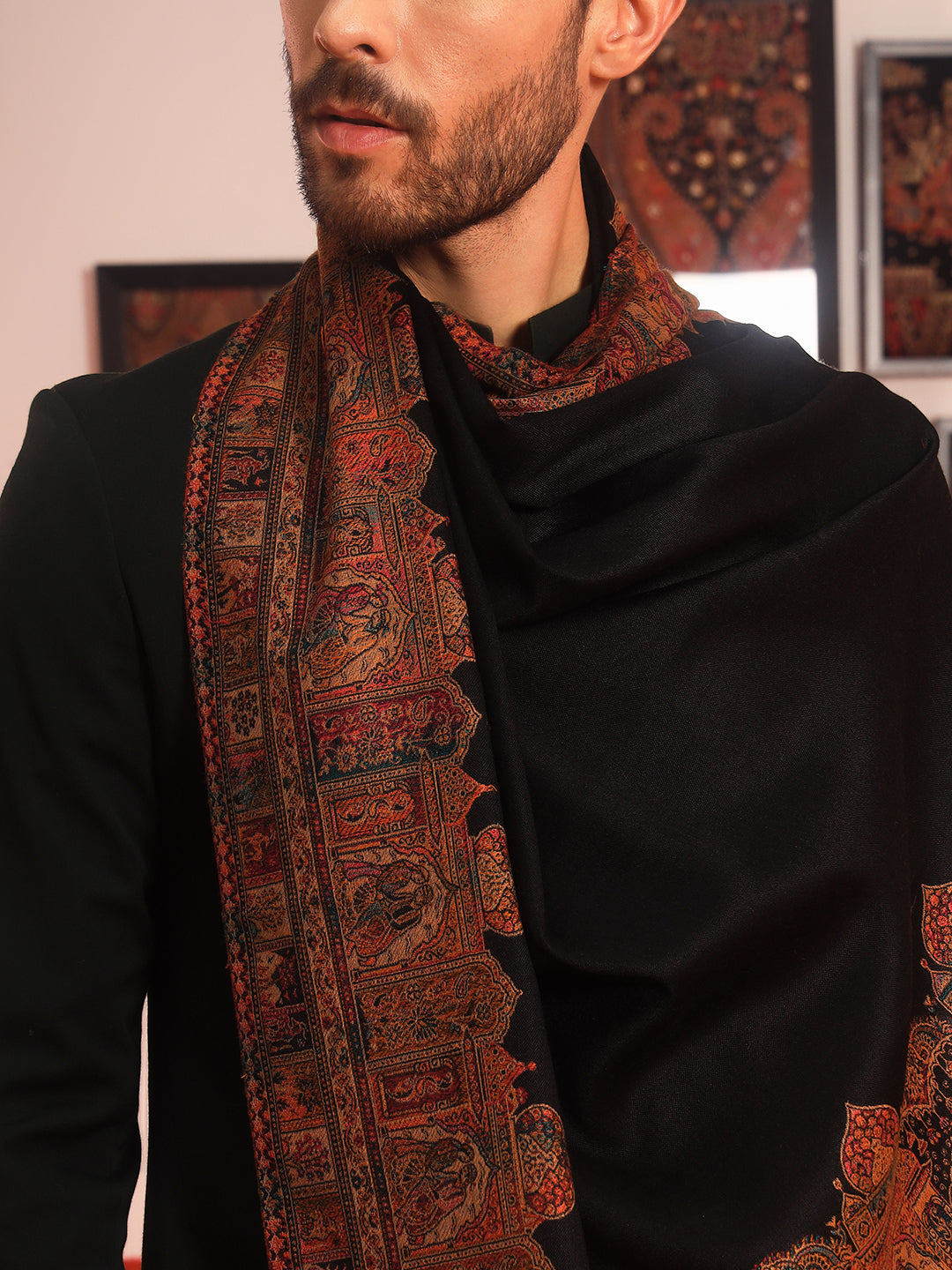 Pashmoda Men Arcadia Borders Kashmiri Jamawar Woven Shawl (Size: 101X203 CM)