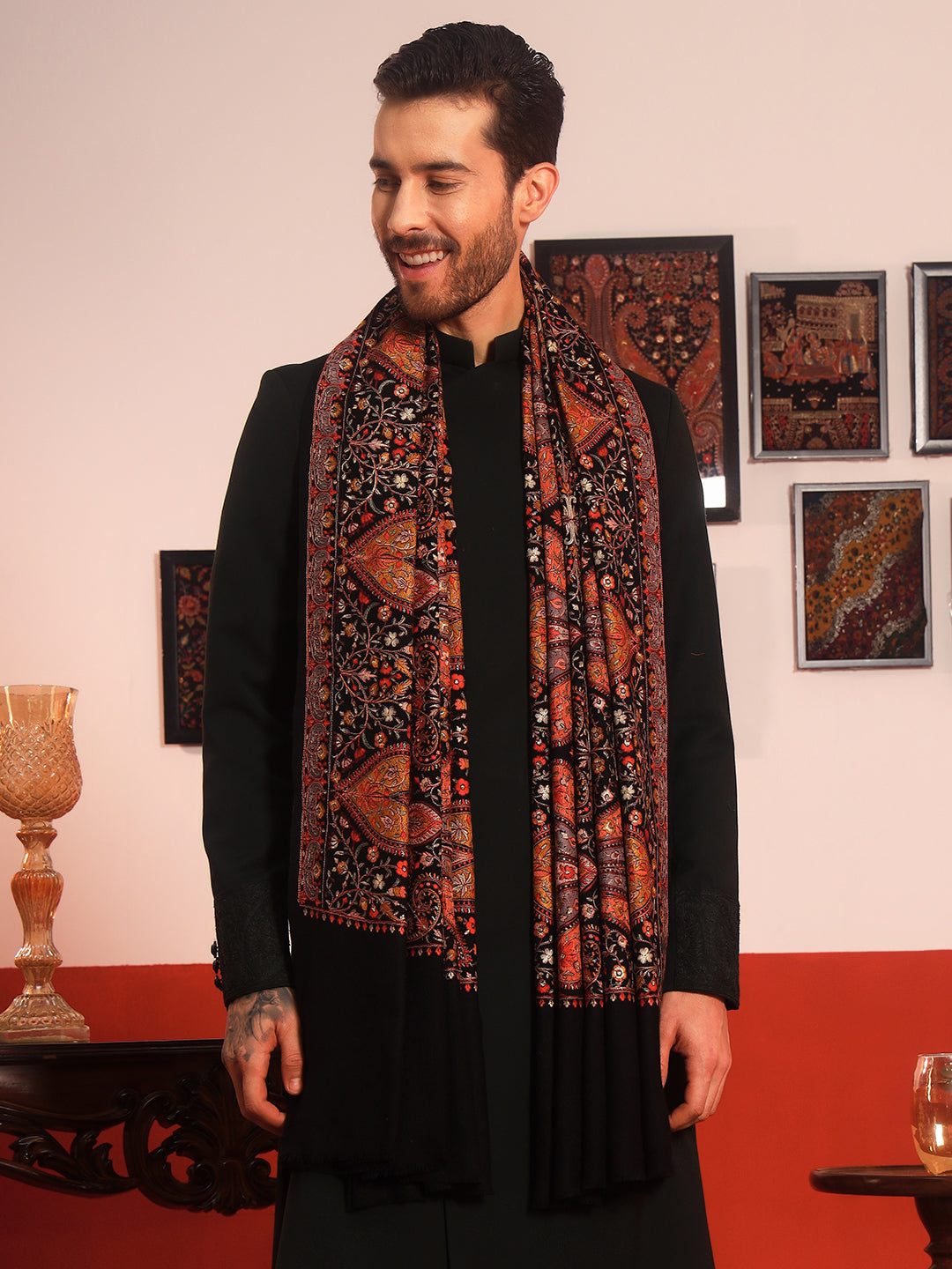 Pashmoda Men Mahnoor 100% Pure Wool Sozni Hand Embroidered Shawl (Size: 101x203 CM)