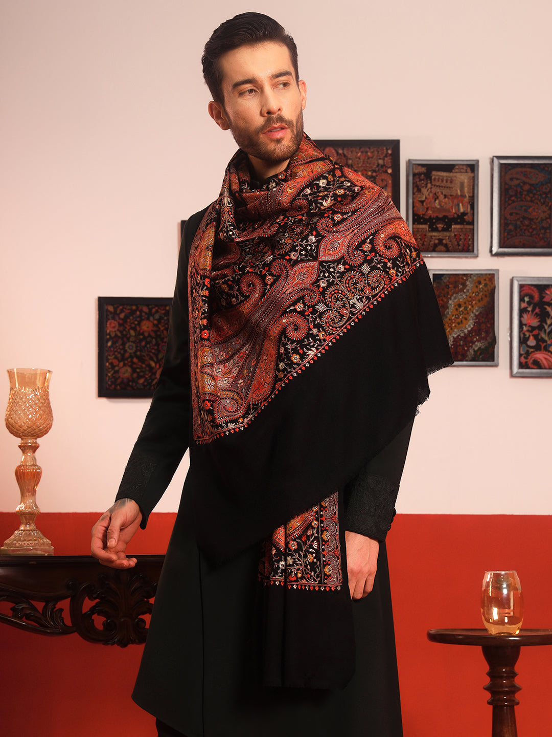 Pashmoda Men Mahnoor 100% Pure Wool Sozni Hand Embroidered Shawl (Size: 101x203 CM)