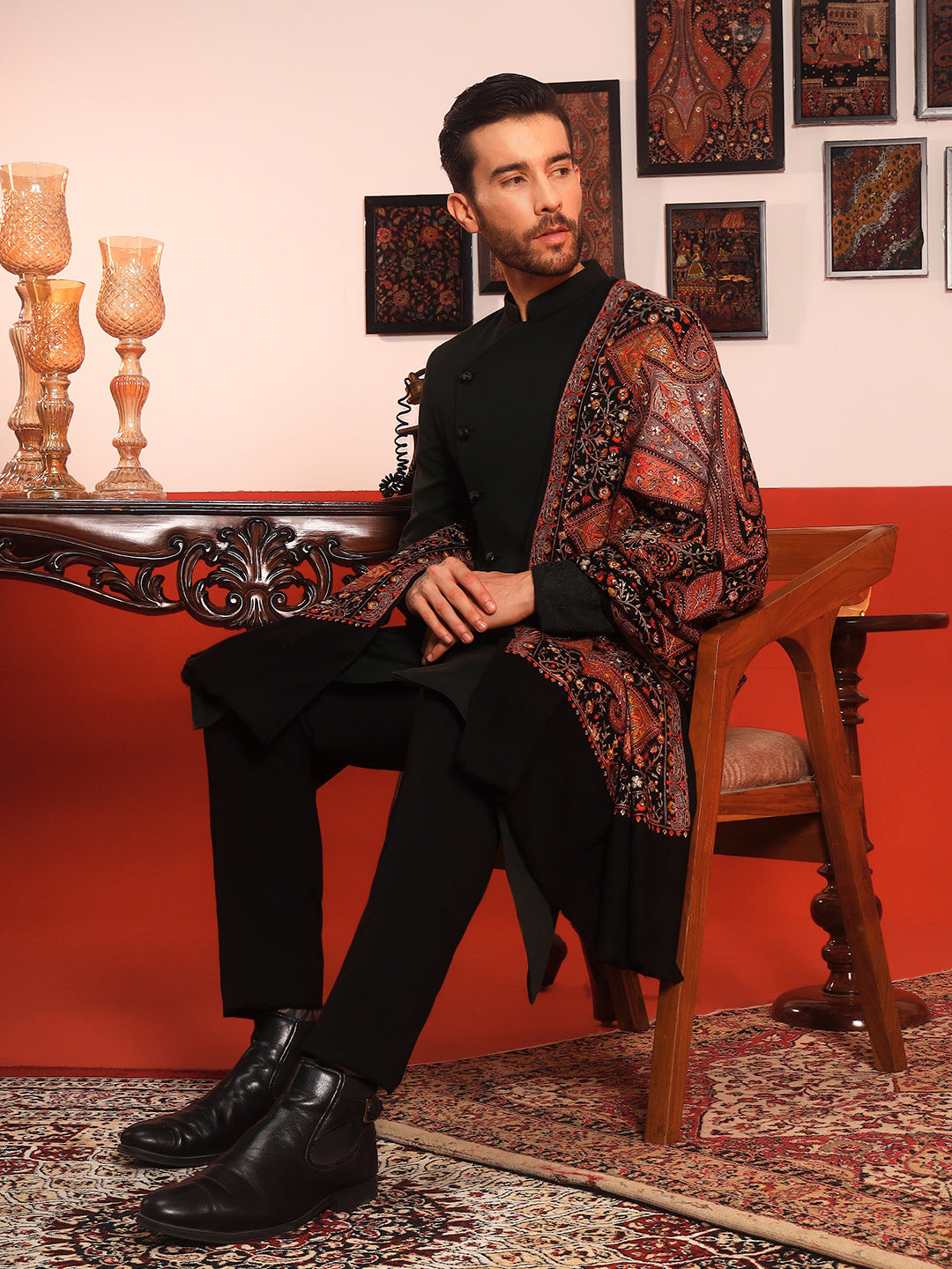 Pashmoda Men Mahnoor 100% Pure Wool Sozni Hand Embroidered Shawl (Size: 101x203 CM)