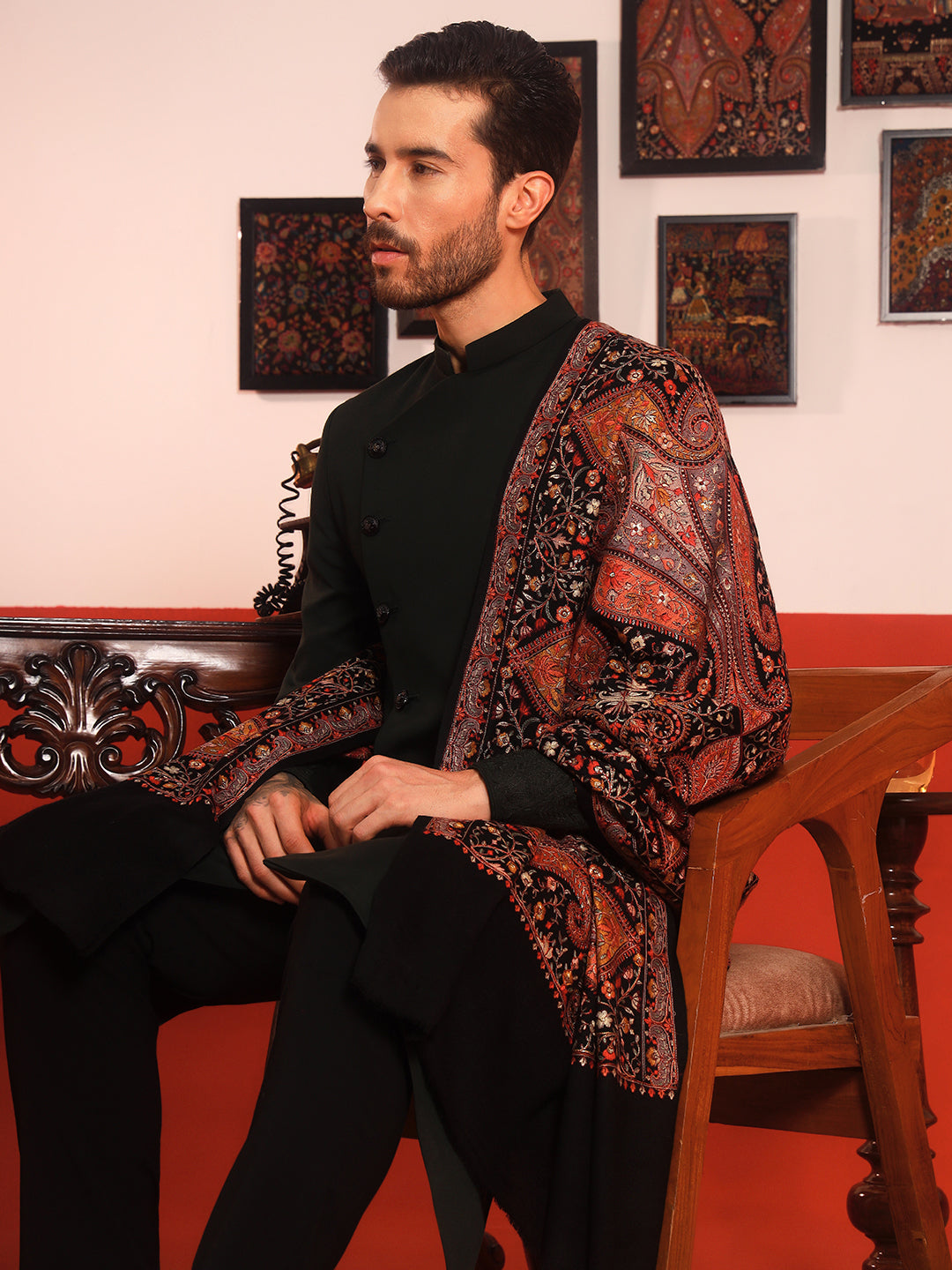 Pashmoda Men Mahnoor 100% Pure Wool Sozni Hand Embroidered Shawl (Size: 101x203 CM)