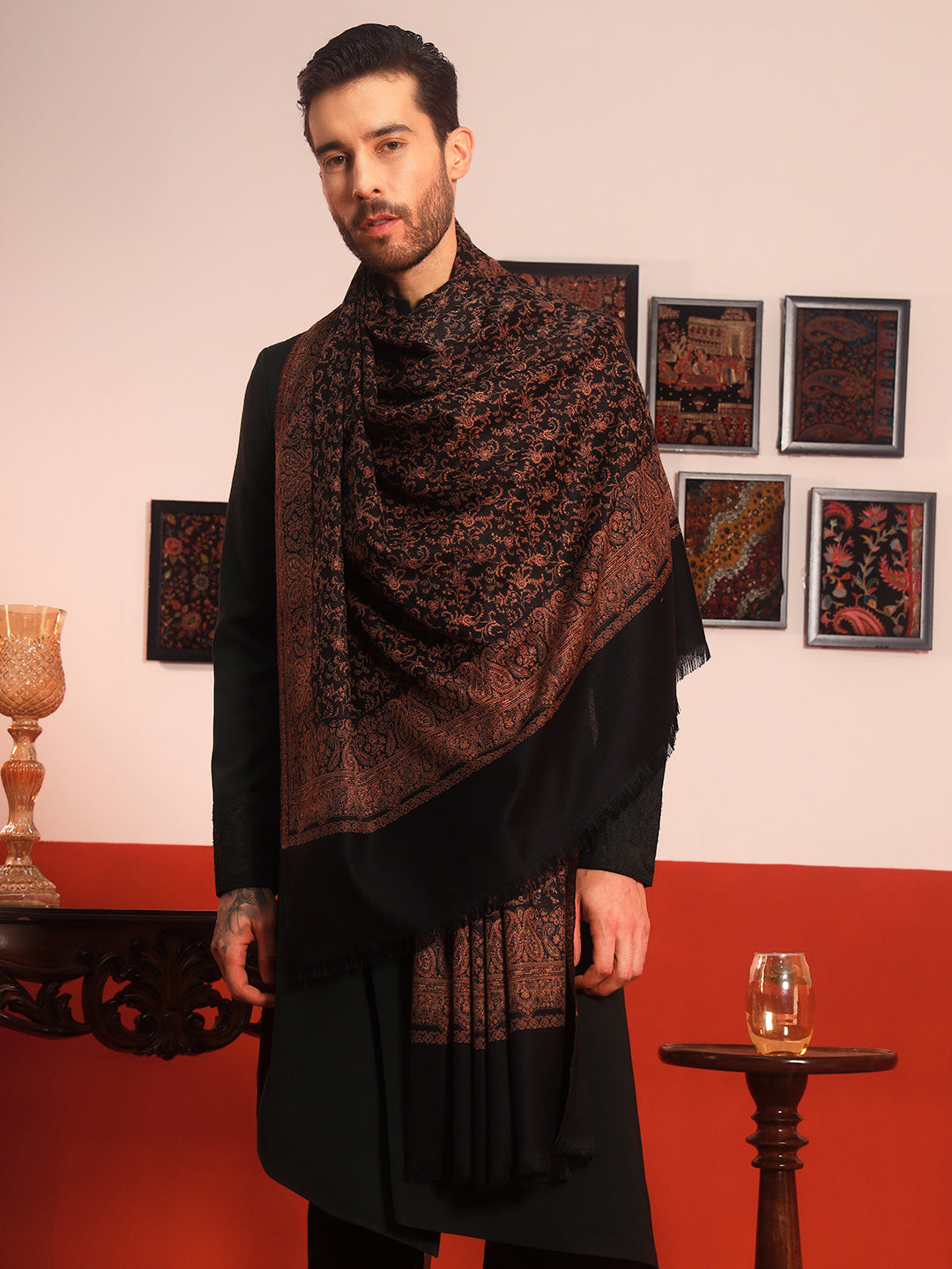 Pashmoda Men Meher Jaal Kashmiri Jamawar Woven Shawl (Size: 101X203 CM)
