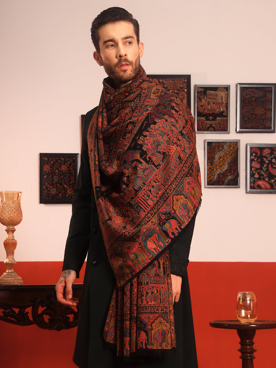 Pashmoda Men Darbari Kaani Wool Blend Kashmiri Shawl (Size: 101X203 CM)