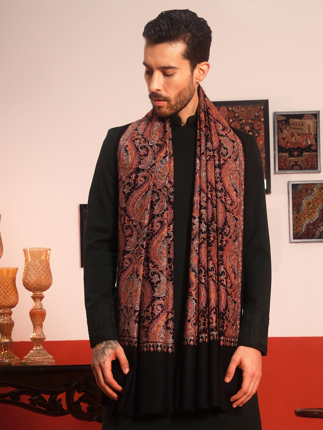 Pashmoda Men Rehnan 100% Pure Wool Sozni Hand Embroidered Shawl (Size: 101x203 Cm)