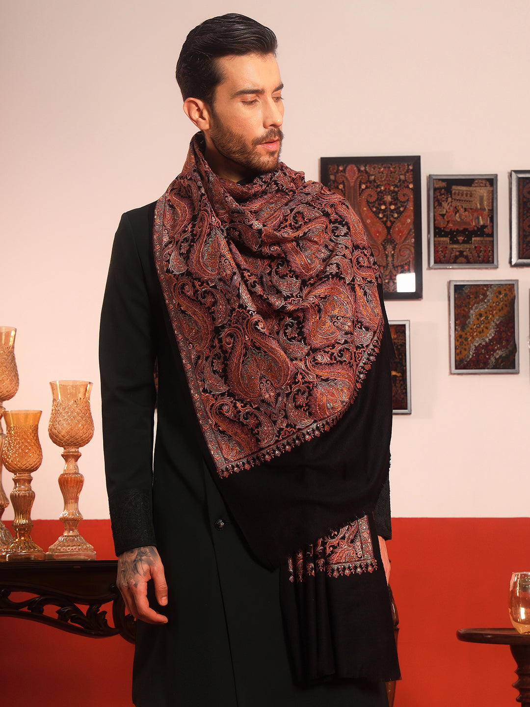 Pashmoda Men Rehnan 100% Pure Wool Sozni Hand Embroidered Shawl (Size: 101x203 Cm)