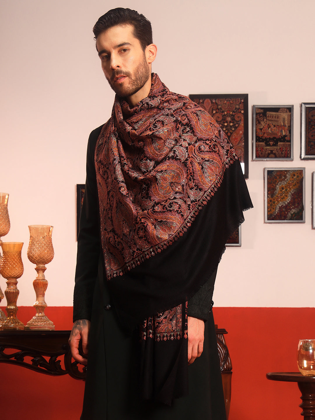 Pashmoda Men Rehnan 100% Pure Wool Sozni Hand Embroidered Shawl (Size: 101x203 Cm)