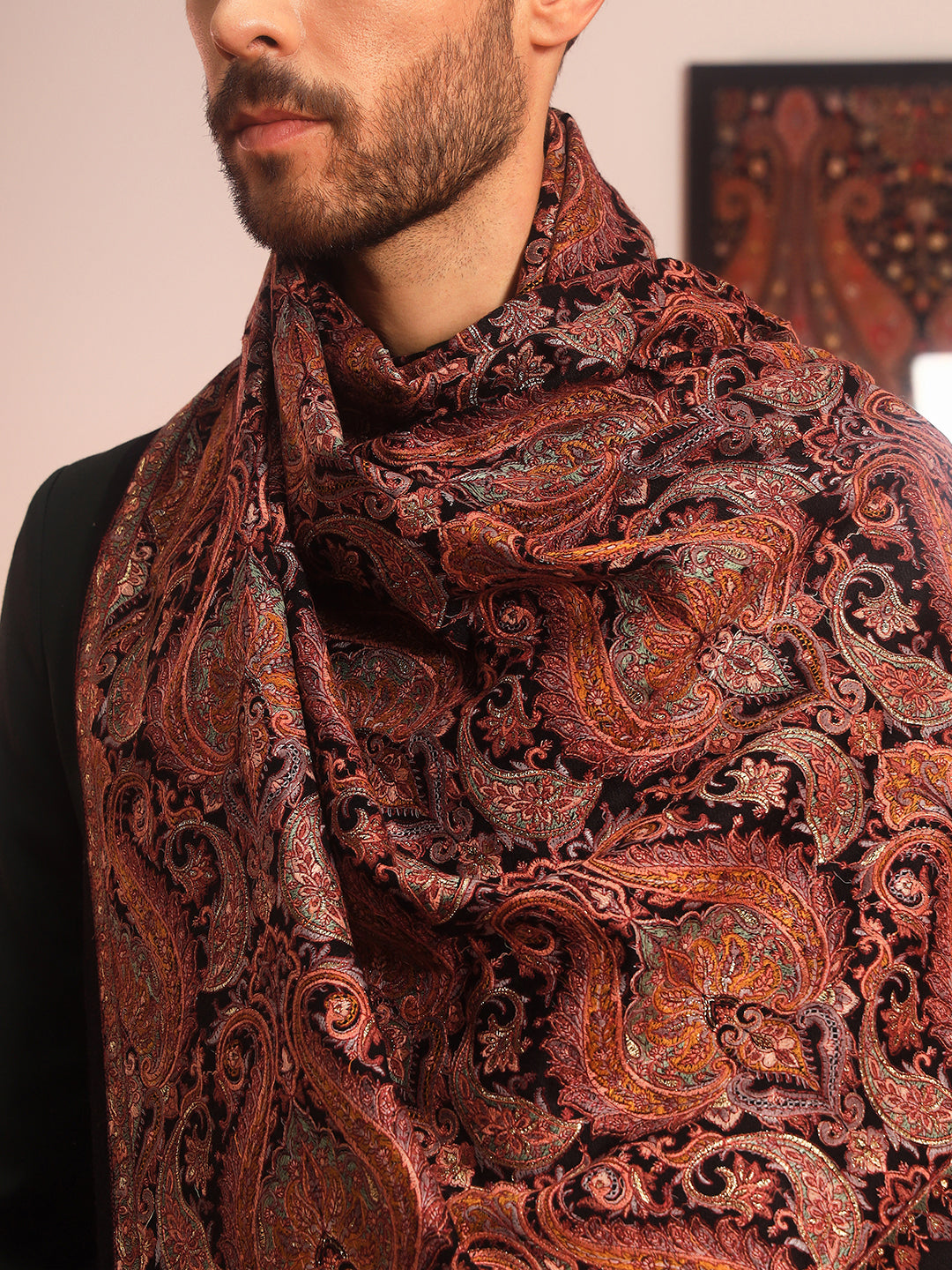 Pashmoda Men Rehnan 100% Pure Wool Sozni Hand Embroidered Shawl (Size: 101x203 Cm)