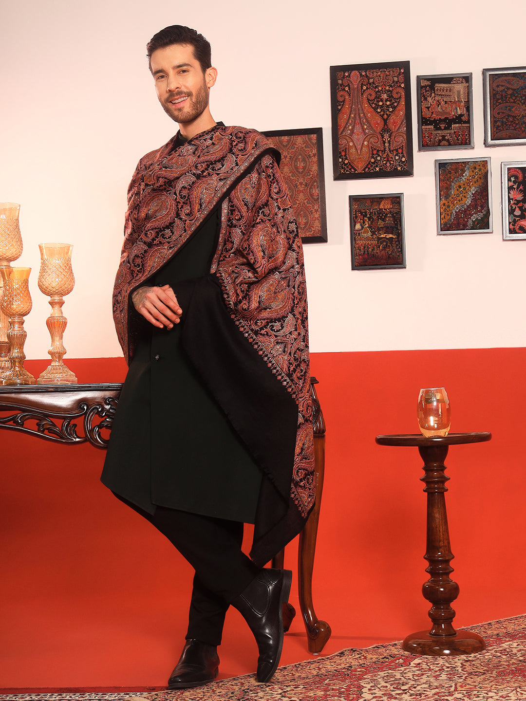 Pashmoda Men Rehnan 100% Pure Wool Sozni Hand Embroidered Shawl (Size: 101x203 Cm)