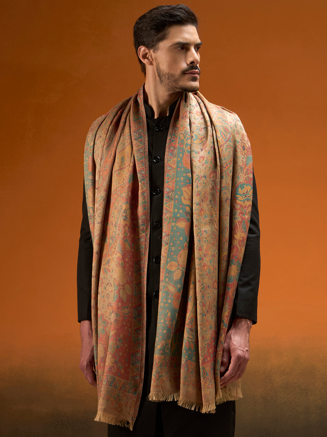 Pashmoda Men Grand Paisley Kaani Shawl, Authentic Kashmiri Pashmina Style Wrap, Medium Gents Lohi, Traditional Jamawar Woven Design, Gift Box Packed, Beige Colour (40 x 80 Inches)