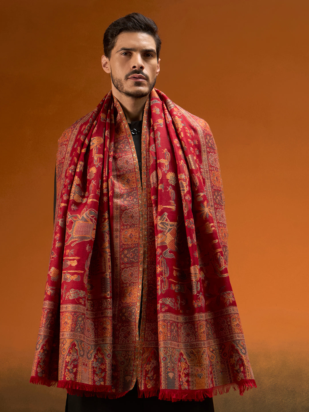 Pashmoda Men Gulrukh Reversible Kaani Zari Shawl, Rich All-Over Zari Woven Design, Authentic Kashmiri Pashmina Style Wrap, Medium Gents Lohi, Gift Box Packed, Maroon Colour (40 x 80 Inches)