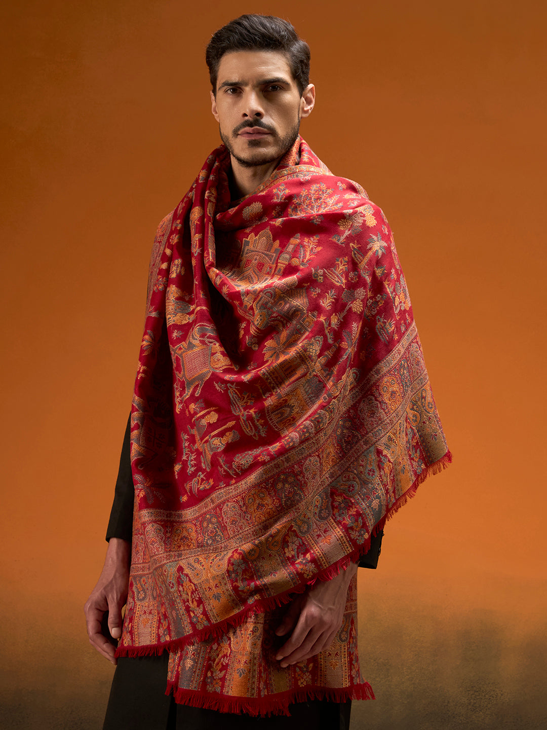 Pashmoda Men Gulrukh Reversible Kaani Zari Shawl, Rich All-Over Zari Woven Design, Authentic Kashmiri Pashmina Style Wrap, Medium Gents Lohi, Gift Box Packed, Maroon Colour (40 x 80 Inches)