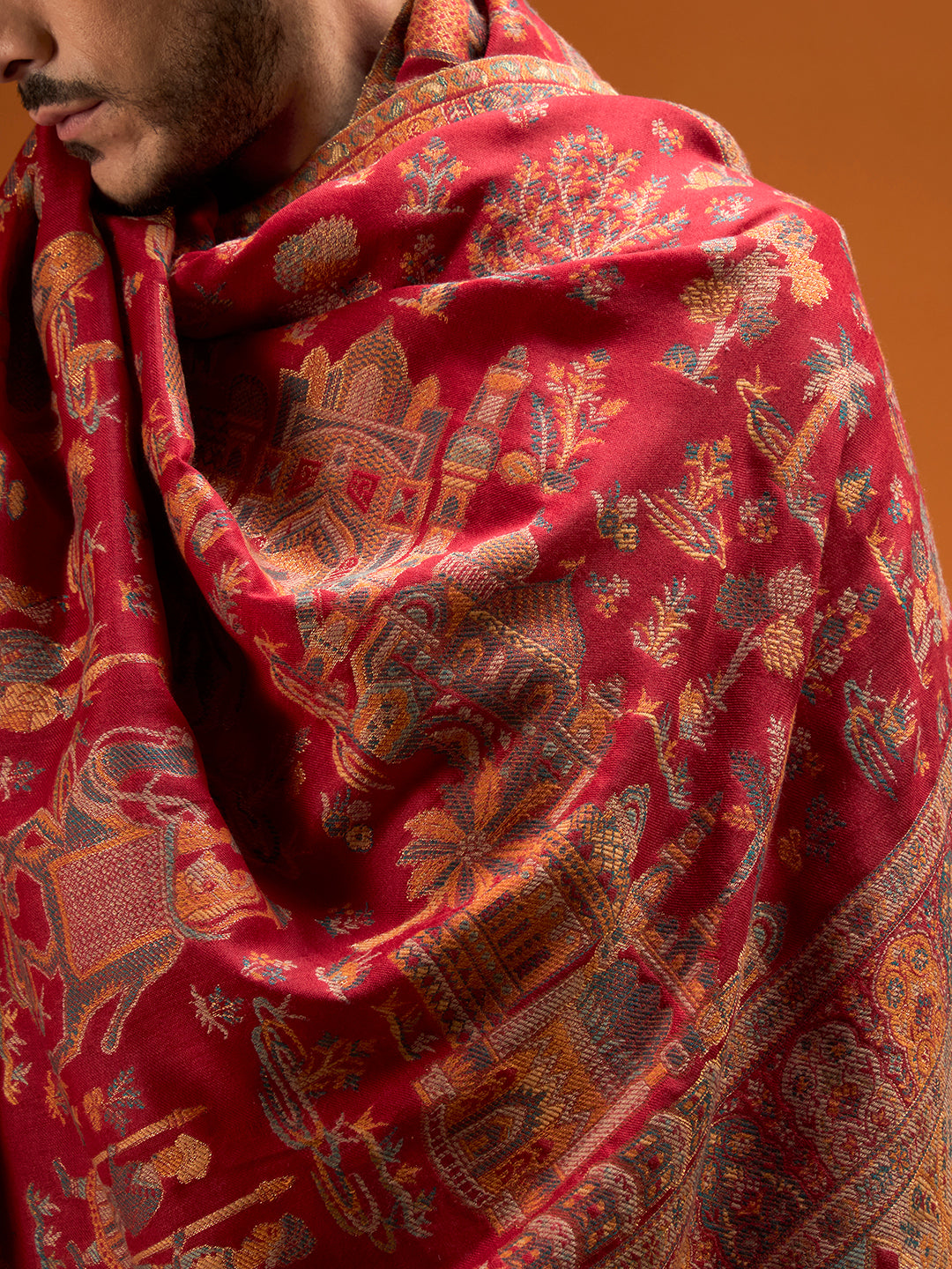 Pashmoda Men Gulrukh Reversible Kaani Zari Shawl, Rich All-Over Zari Woven Design, Authentic Kashmiri Pashmina Style Wrap, Medium Gents Lohi, Gift Box Packed, Maroon Colour (40 x 80 Inches)