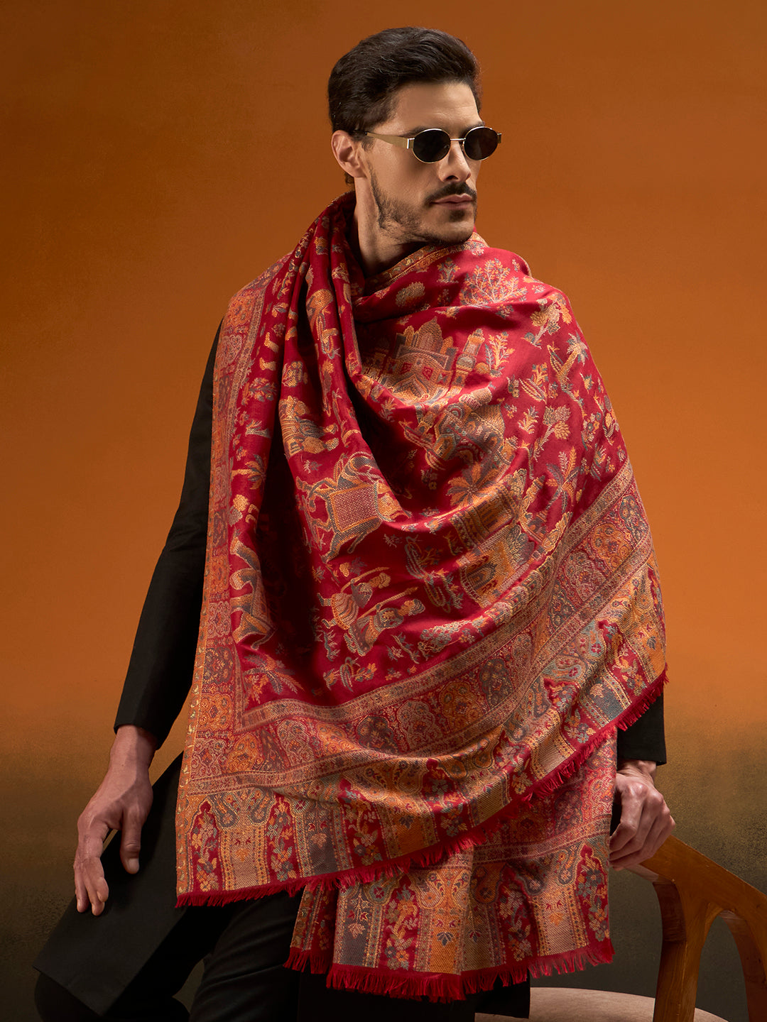 Pashmoda Men Gulrukh Reversible Kaani Zari Shawl, Rich All-Over Zari Woven Design, Authentic Kashmiri Pashmina Style Wrap, Medium Gents Lohi, Gift Box Packed, Maroon Colour (40 x 80 Inches)