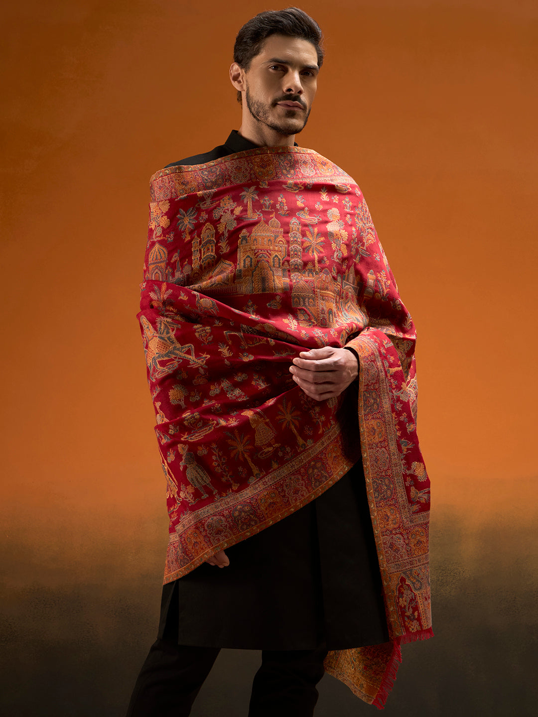 Pashmoda Men Gulrukh Reversible Kaani Zari Shawl, Rich All-Over Zari Woven Design, Authentic Kashmiri Pashmina Style Wrap, Medium Gents Lohi, Gift Box Packed, Maroon Colour (40 x 80 Inches)
