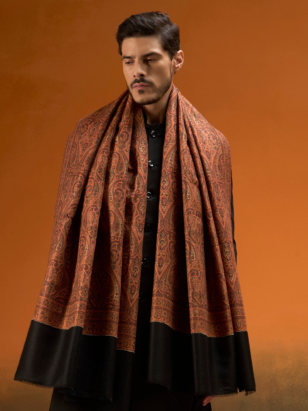 Pashmoda Men Regal Reversible Kaani Zari Shawl, Rich All-Over Zari Woven Design, Authentic Kashmiri Pashmina Style Wrap, Medium Gents Lohi, Gift Box Packed, Black Colour (40 x 80 Inches)