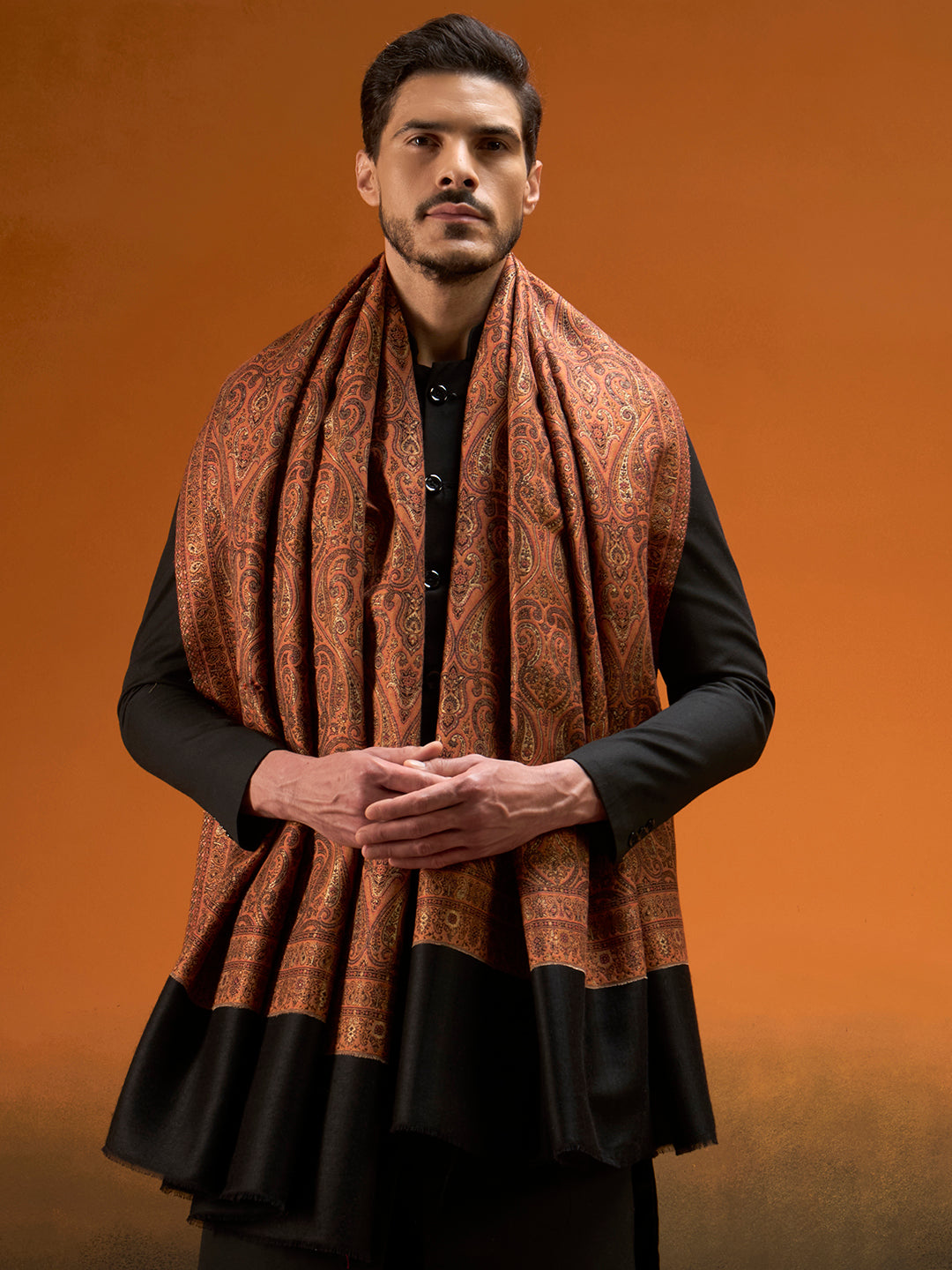 Pashmoda Men Regal Reversible Kaani Zari Shawl, Rich All-Over Zari Woven Design, Authentic Kashmiri Pashmina Style Wrap, Medium Gents Lohi, Gift Box Packed, Black Colour (40 x 80 Inches)