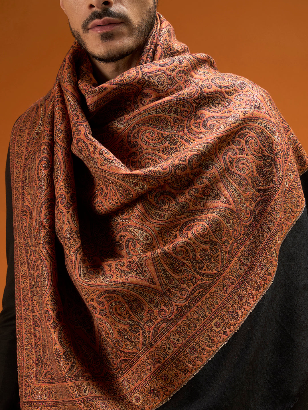 Pashmoda Men Regal Reversible Kaani Zari Shawl, Rich All-Over Zari Woven Design, Authentic Kashmiri Pashmina Style Wrap, Medium Gents Lohi, Gift Box Packed, Black Colour (40 x 80 Inches)
