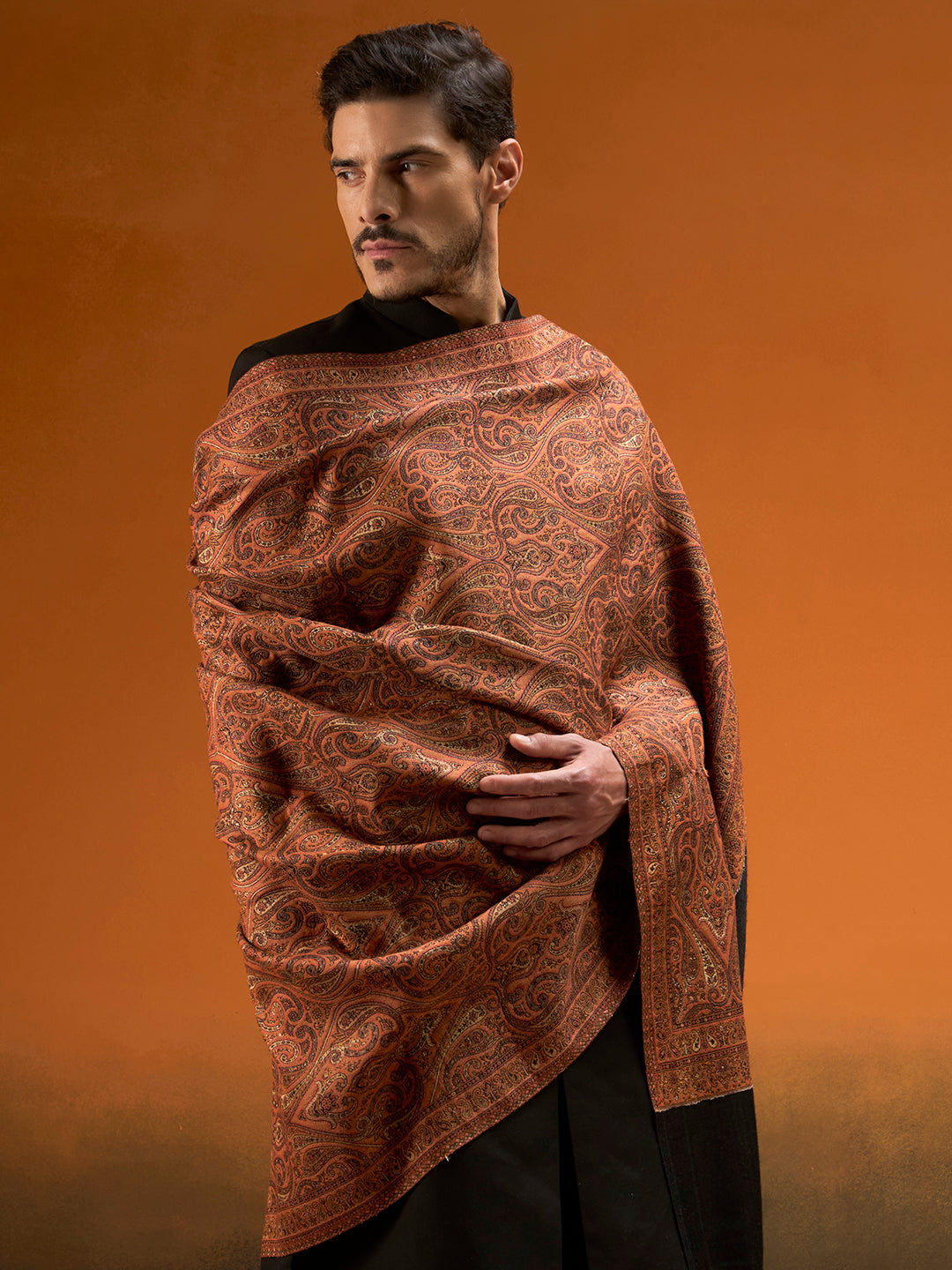 Pashmoda Men Regal Reversible Kaani Zari Shawl, Rich All-Over Zari Woven Design, Authentic Kashmiri Pashmina Style Wrap, Medium Gents Lohi, Gift Box Packed, Black Colour (40 x 80 Inches)