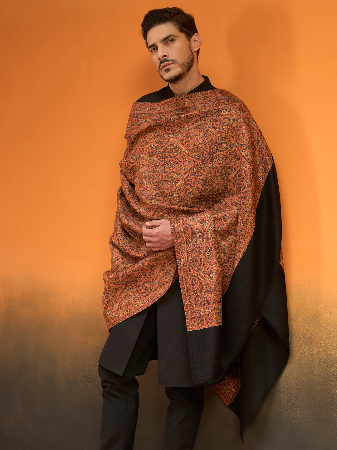 Pashmoda Men Regal Reversible Kaani Zari Shawl, Rich All-Over Zari Woven Design, Authentic Kashmiri Pashmina Style Wrap, Medium Gents Lohi, Gift Box Packed, Black Colour (40 x 80 Inches)