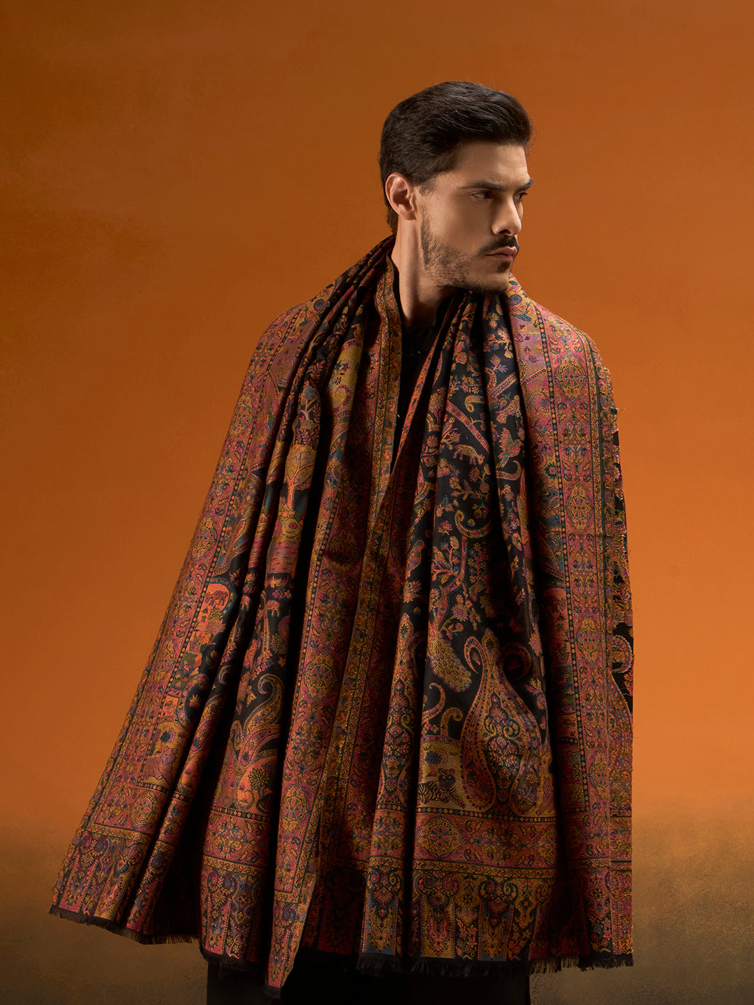 Pashmoda Men Royal gulistan Shawl Fine Wool Kaani Shawl, Authentic Kashmiri Pashmina Style Wrap, Medium Gents Lohi, Traditional Jamawar Woven Design, Gift Box Packed, Black Colour (40 x 80 Inches)