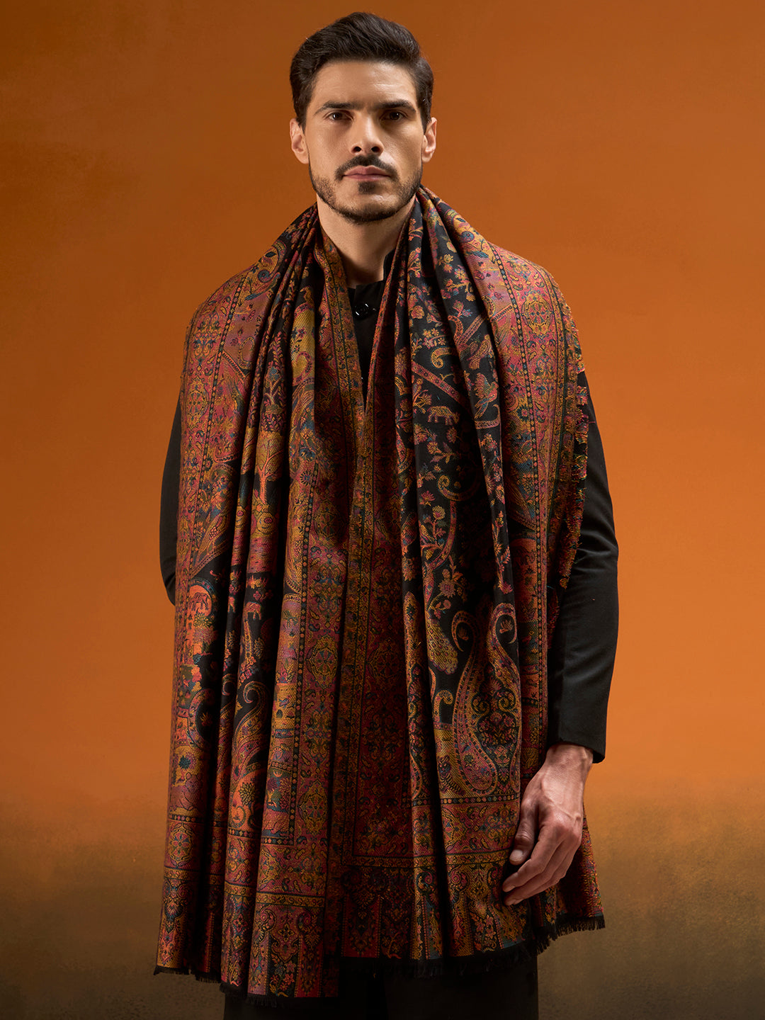 Pashmoda Men Royal gulistan Shawl Fine Wool Kaani Shawl, Authentic Kashmiri Pashmina Style Wrap, Medium Gents Lohi, Traditional Jamawar Woven Design, Gift Box Packed, Black Colour (40 x 80 Inches)