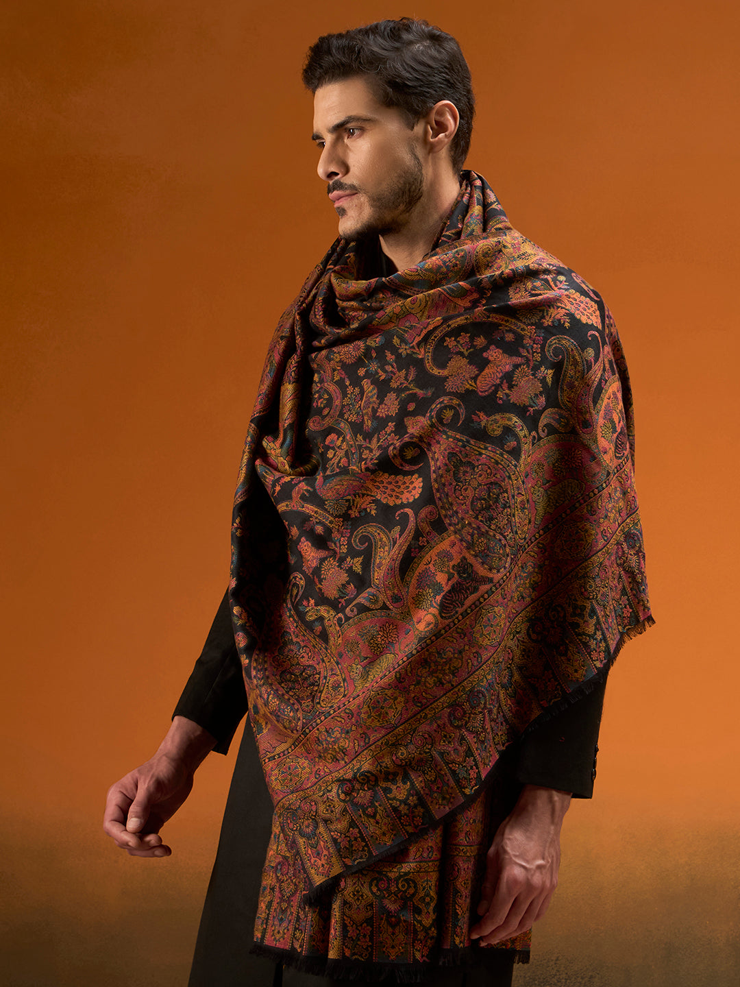 Pashmoda Men Royal gulistan Shawl Fine Wool Kaani Shawl, Authentic Kashmiri Pashmina Style Wrap, Medium Gents Lohi, Traditional Jamawar Woven Design, Gift Box Packed, Black Colour (40 x 80 Inches)