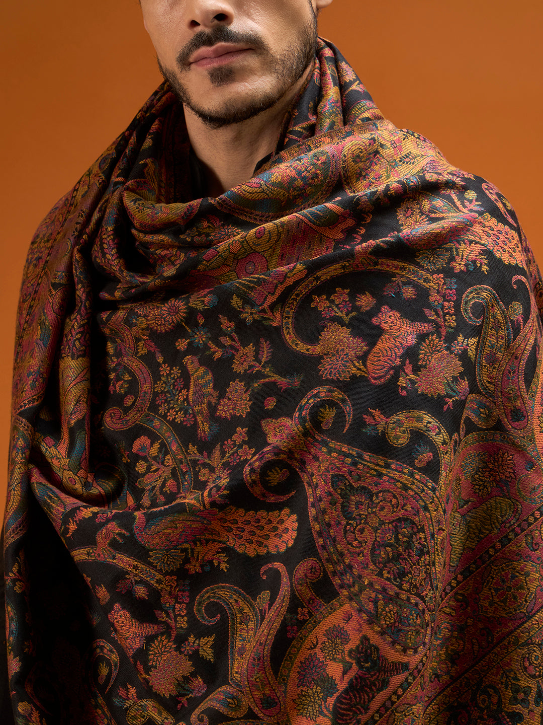 Pashmoda Men Royal gulistan Shawl Fine Wool Kaani Shawl, Authentic Kashmiri Pashmina Style Wrap, Medium Gents Lohi, Traditional Jamawar Woven Design, Gift Box Packed, Black Colour (40 x 80 Inches)