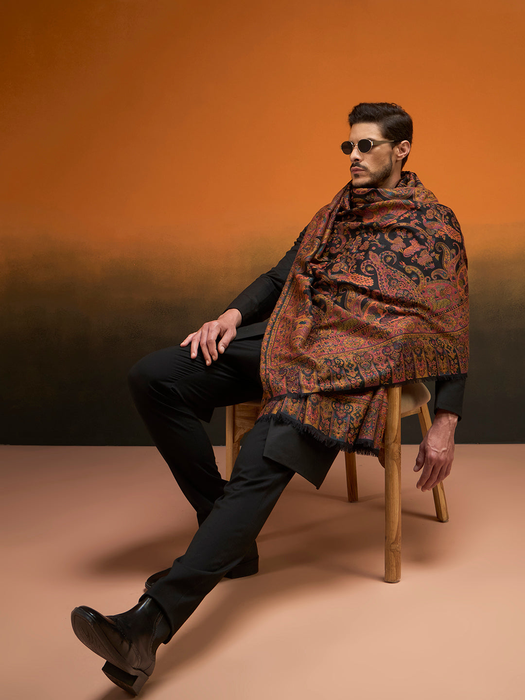Pashmoda Men Royal gulistan Shawl Fine Wool Kaani Shawl, Authentic Kashmiri Pashmina Style Wrap, Medium Gents Lohi, Traditional Jamawar Woven Design, Gift Box Packed, Black Colour (40 x 80 Inches)
