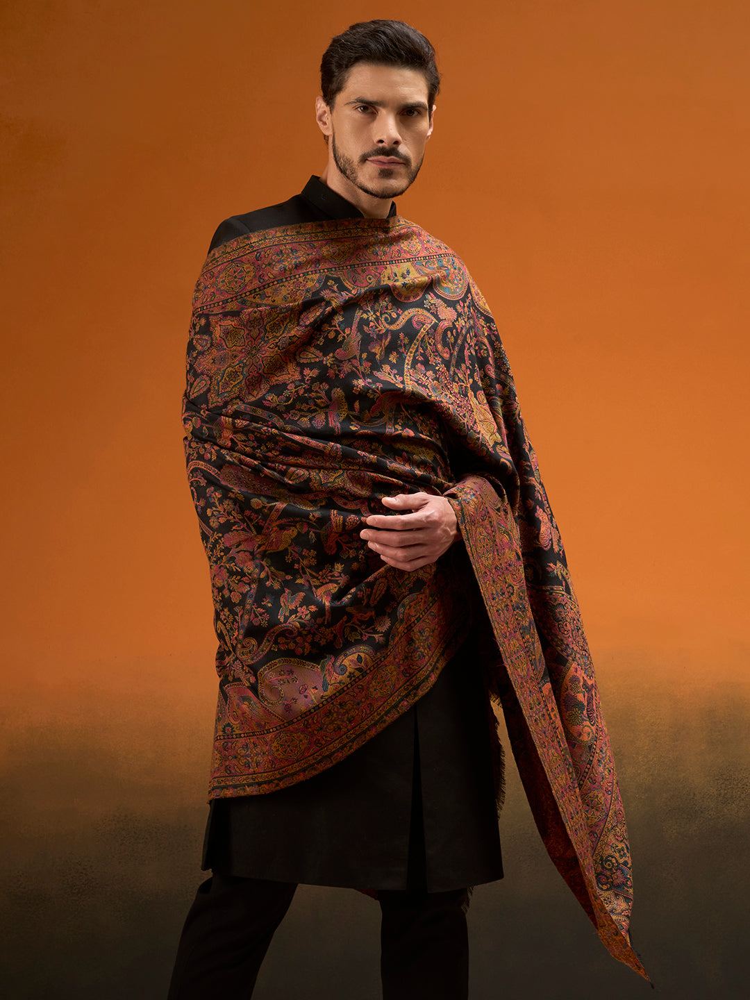 Pashmoda Men Royal gulistan Shawl Fine Wool Kaani Shawl, Authentic Kashmiri Pashmina Style Wrap, Medium Gents Lohi, Traditional Jamawar Woven Design, Gift Box Packed, Black Colour (40 x 80 Inches)
