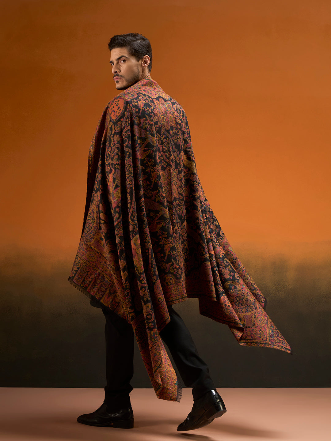 Pashmoda Men Royal gulistan Shawl Fine Wool Kaani Shawl, Authentic Kashmiri Pashmina Style Wrap, Medium Gents Lohi, Traditional Jamawar Woven Design, Gift Box Packed, Black Colour (40 x 80 Inches)