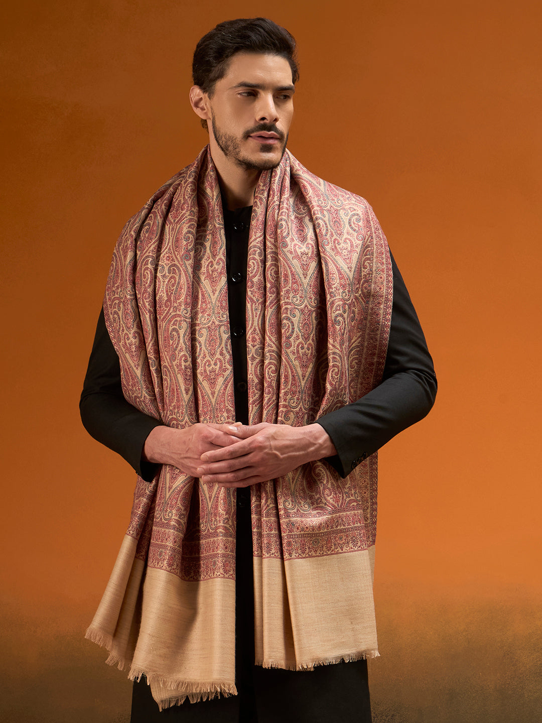 Pashmoda Men Regalis Reversible Kaani Zari Shawl, Rich All-Over Zari Woven Design, Authentic Kashmiri Pashmina Style Wrap, Medium Gents Lohi, Gift Box Packed, Beige Colour (40 x 80 Inches)