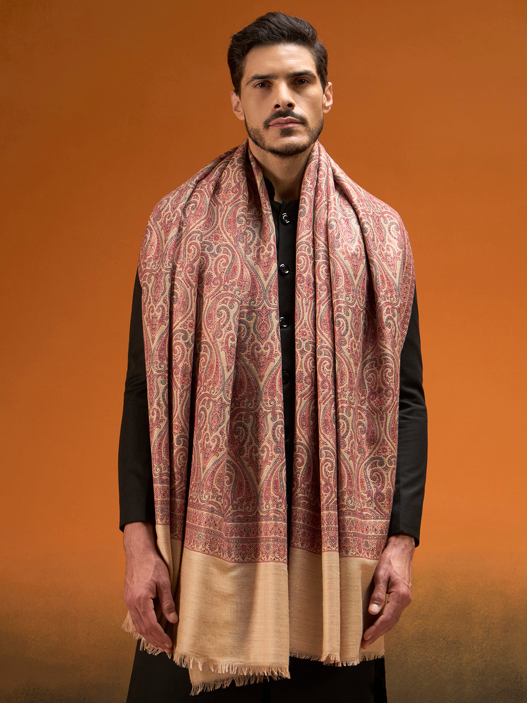 Pashmoda Men Regalis Reversible Kaani Zari Shawl, Rich All-Over Zari Woven Design, Authentic Kashmiri Pashmina Style Wrap, Medium Gents Lohi, Gift Box Packed, Beige Colour (40 x 80 Inches)
