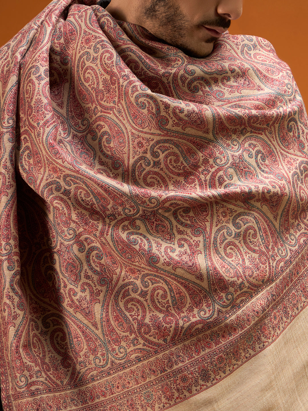 Pashmoda Men Regalis Reversible Kaani Zari Shawl, Rich All-Over Zari Woven Design, Authentic Kashmiri Pashmina Style Wrap, Medium Gents Lohi, Gift Box Packed, Beige Colour (40 x 80 Inches)