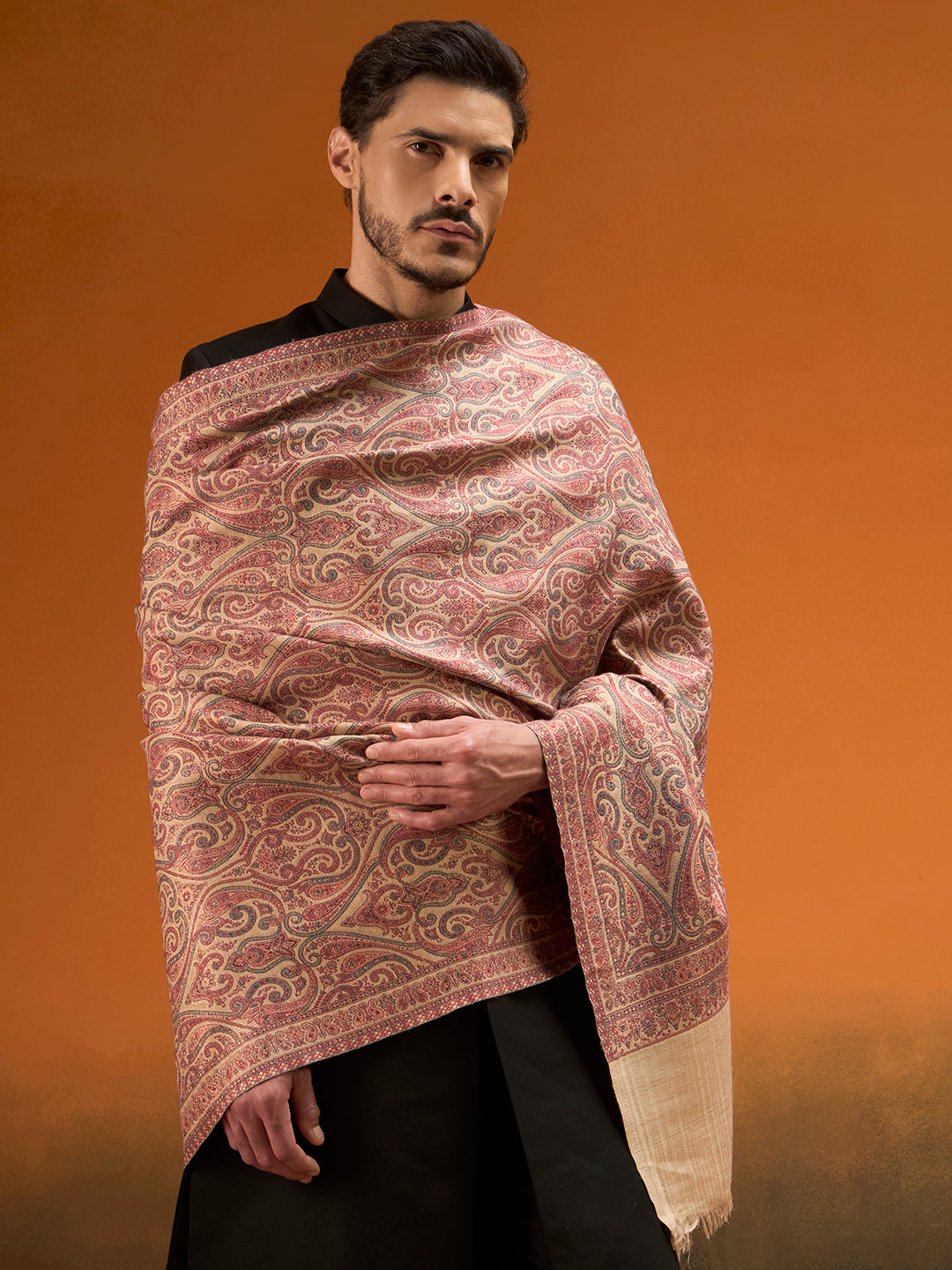 Pashmoda Men Regalis Reversible Kaani Zari Shawl, Rich All-Over Zari Woven Design, Authentic Kashmiri Pashmina Style Wrap, Medium Gents Lohi, Gift Box Packed, Beige Colour (40 x 80 Inches)