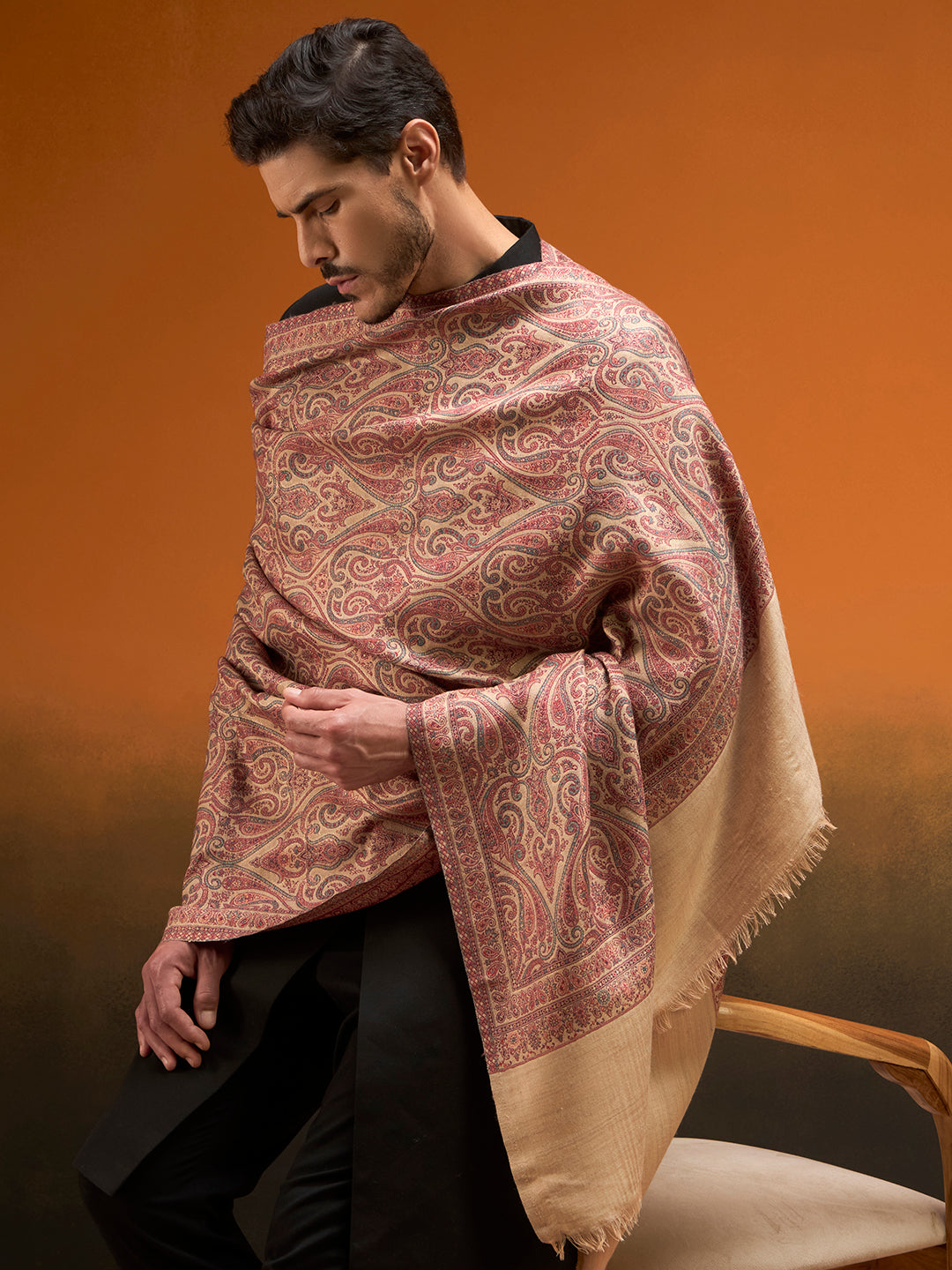 Pashmoda Men Regalis Reversible Kaani Zari Shawl, Rich All-Over Zari Woven Design, Authentic Kashmiri Pashmina Style Wrap, Medium Gents Lohi, Gift Box Packed, Beige Colour (40 x 80 Inches)