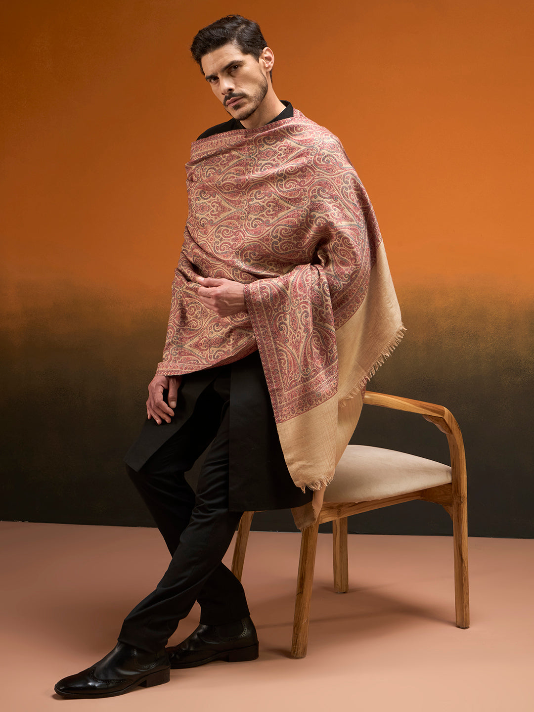 Pashmoda Men Regalis Reversible Kaani Zari Shawl, Rich All-Over Zari Woven Design, Authentic Kashmiri Pashmina Style Wrap, Medium Gents Lohi, Gift Box Packed, Beige Colour (40 x 80 Inches)