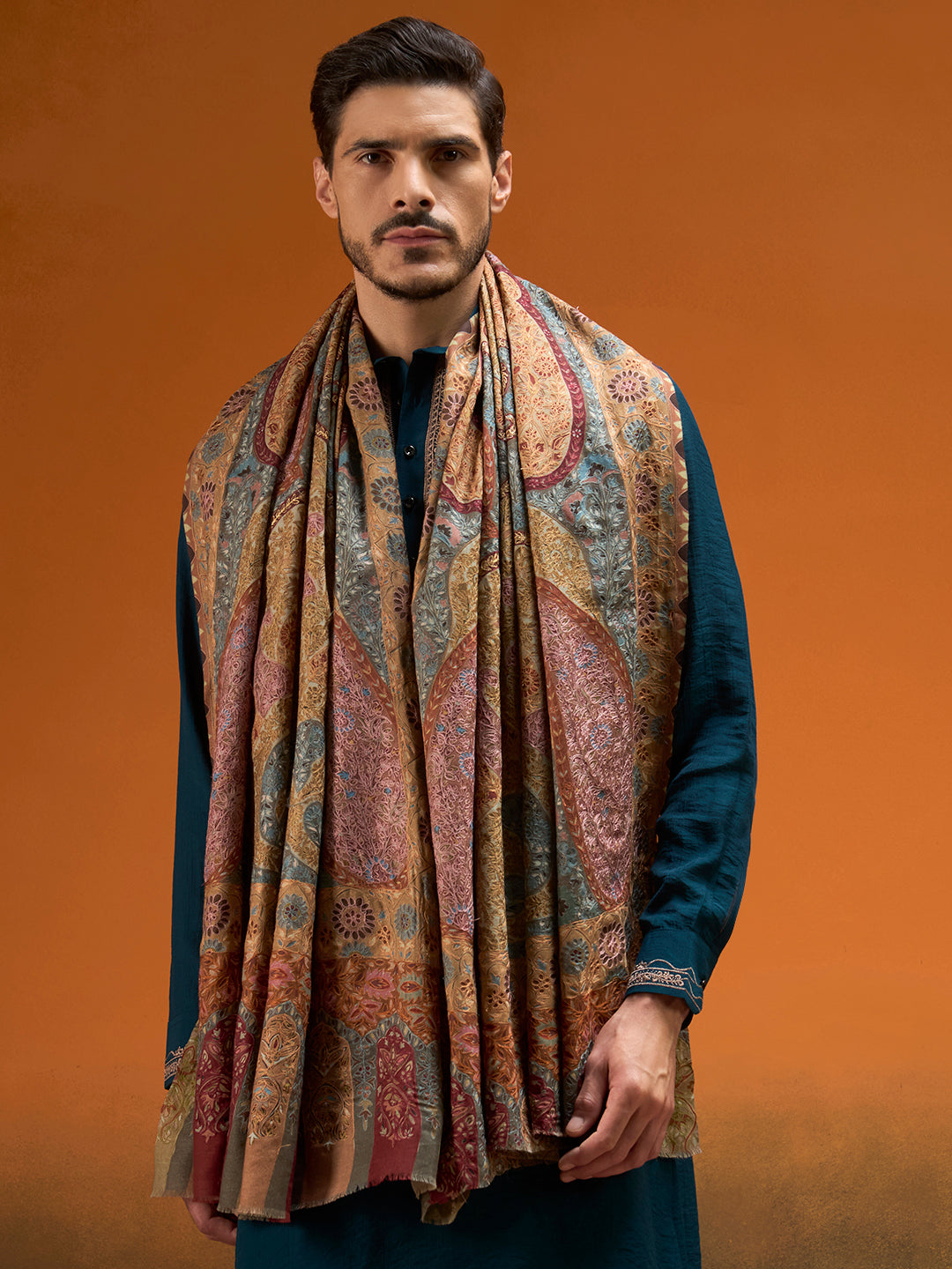 Men Kashish Fine Wool Kalamkari Embroidered Shawl