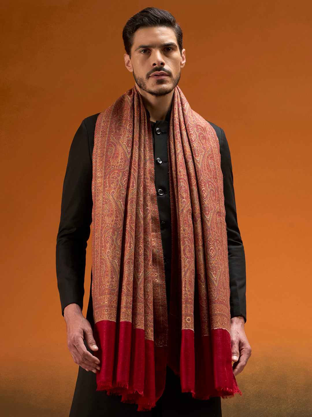 Pashmoda Men Regalis Reversible Kaani Zari Shawl, Rich All-Over Zari Woven Design, Authentic Kashmiri Pashmina Style Wrap, Medium Gents Lohi, Gift Box Packed, Maroon Colour (40 x 80 Inches)