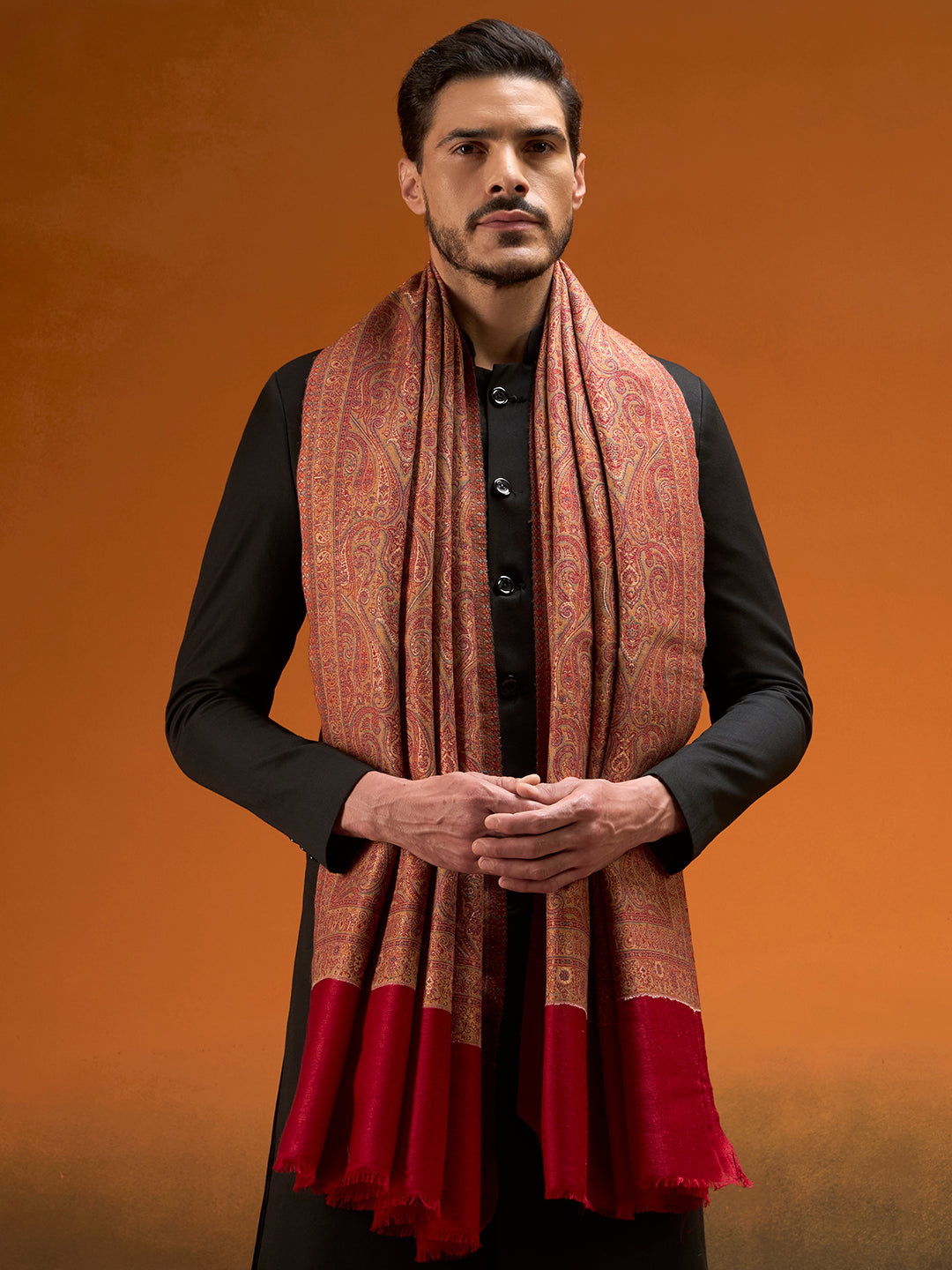 Pashmoda Men Regalis Reversible Kaani Zari Shawl, Rich All-Over Zari Woven Design, Authentic Kashmiri Pashmina Style Wrap, Medium Gents Lohi, Gift Box Packed, Maroon Colour (40 x 80 Inches)