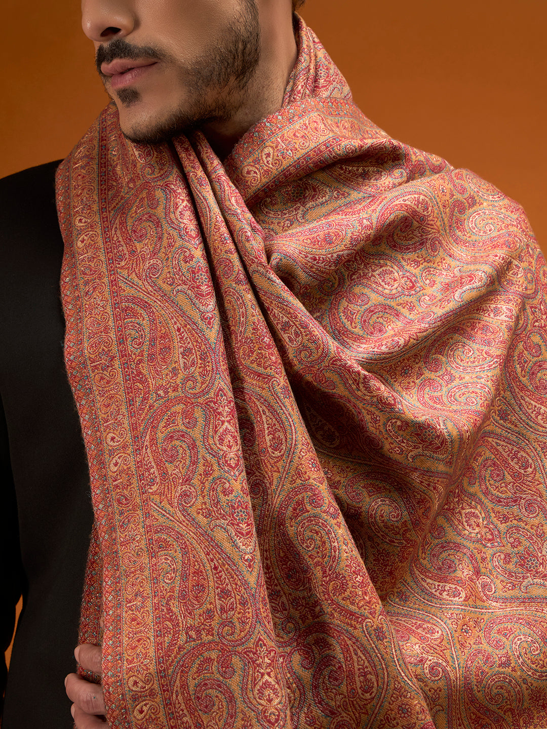 Pashmoda Men Regalis Reversible Kaani Zari Shawl, Rich All-Over Zari Woven Design, Authentic Kashmiri Pashmina Style Wrap, Medium Gents Lohi, Gift Box Packed, Maroon Colour (40 x 80 Inches)
