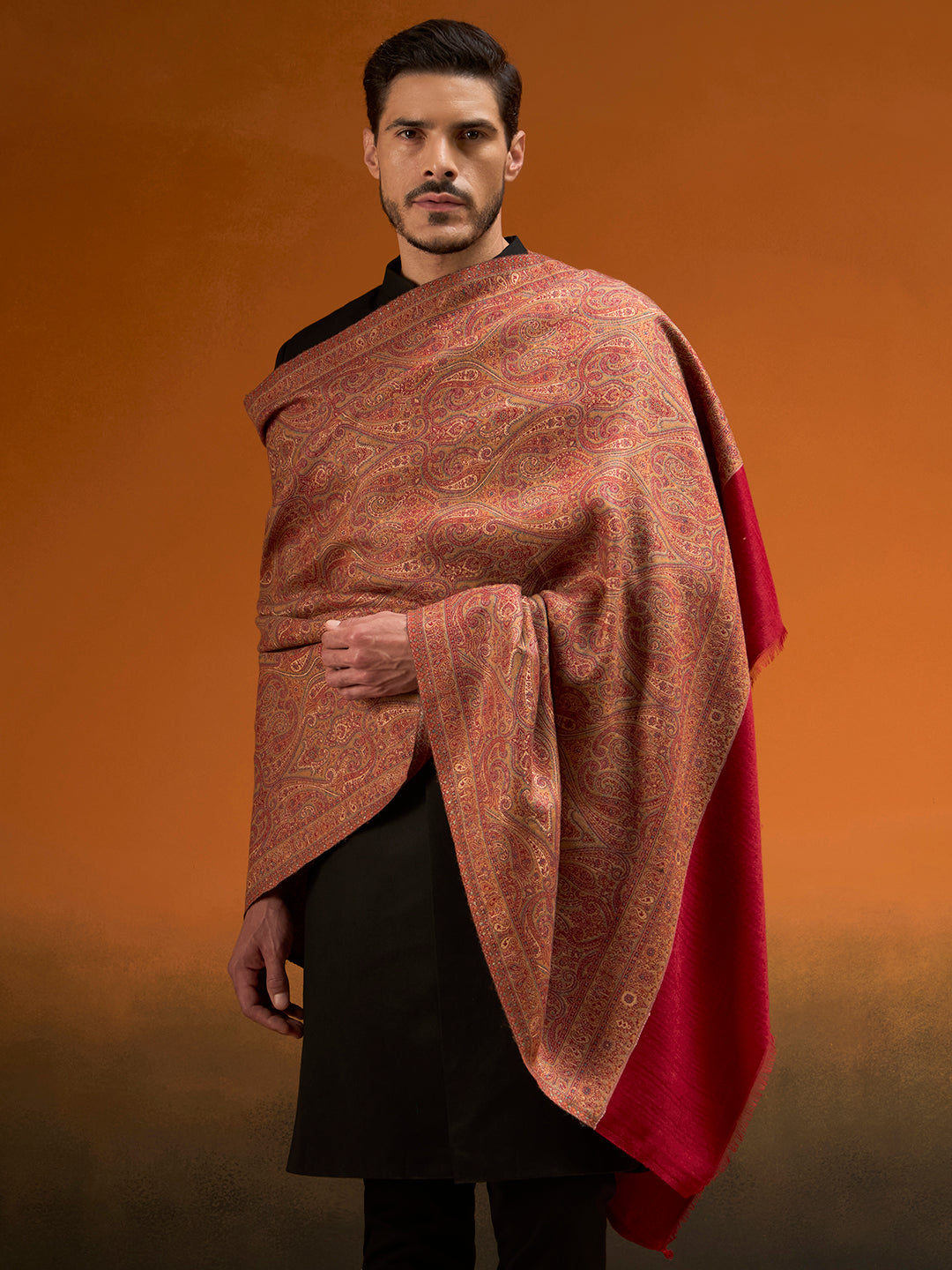 Pashmoda Men Regalis Reversible Kaani Zari Shawl, Rich All-Over Zari Woven Design, Authentic Kashmiri Pashmina Style Wrap, Medium Gents Lohi, Gift Box Packed, Maroon Colour (40 x 80 Inches)