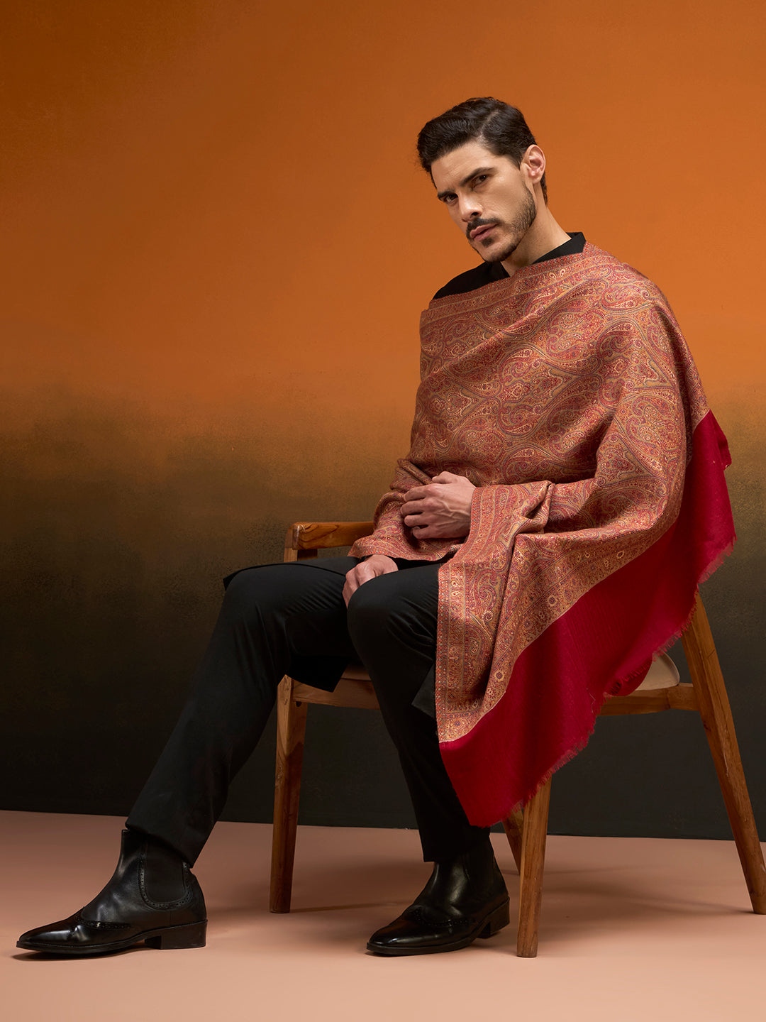 Pashmoda Men Regalis Reversible Kaani Zari Shawl, Rich All-Over Zari Woven Design, Authentic Kashmiri Pashmina Style Wrap, Medium Gents Lohi, Gift Box Packed, Maroon Colour (40 x 80 Inches)